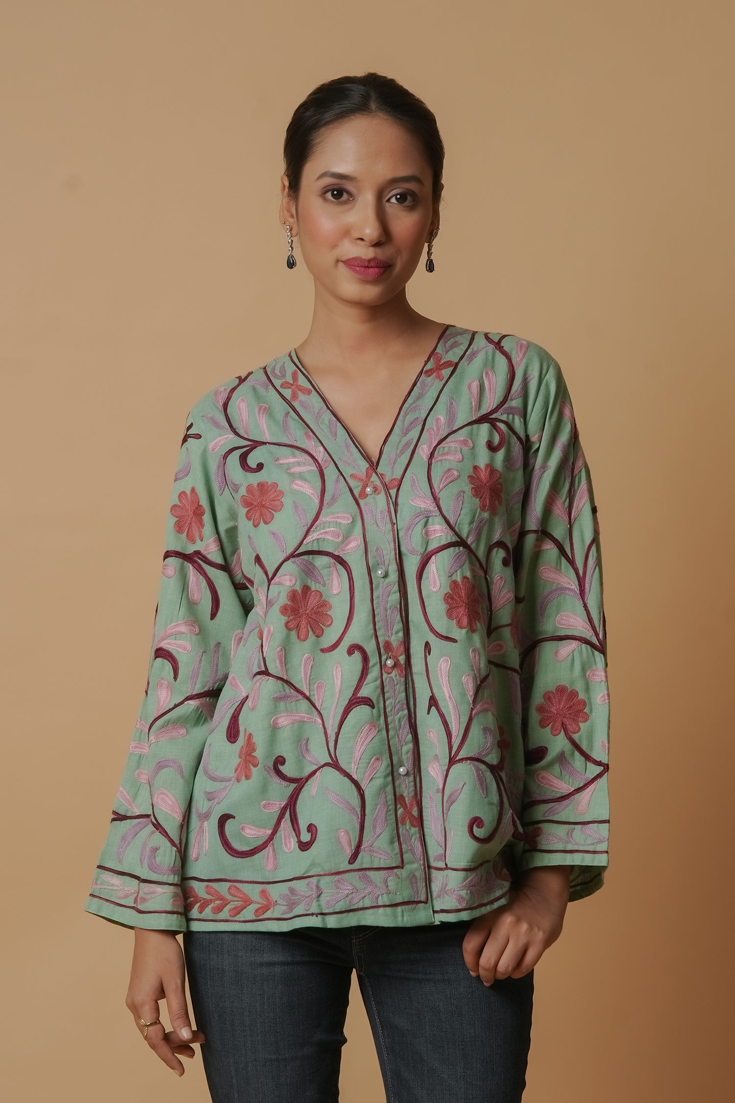 Kashmiri Jacket With Aari Work Cotton – Pista Green