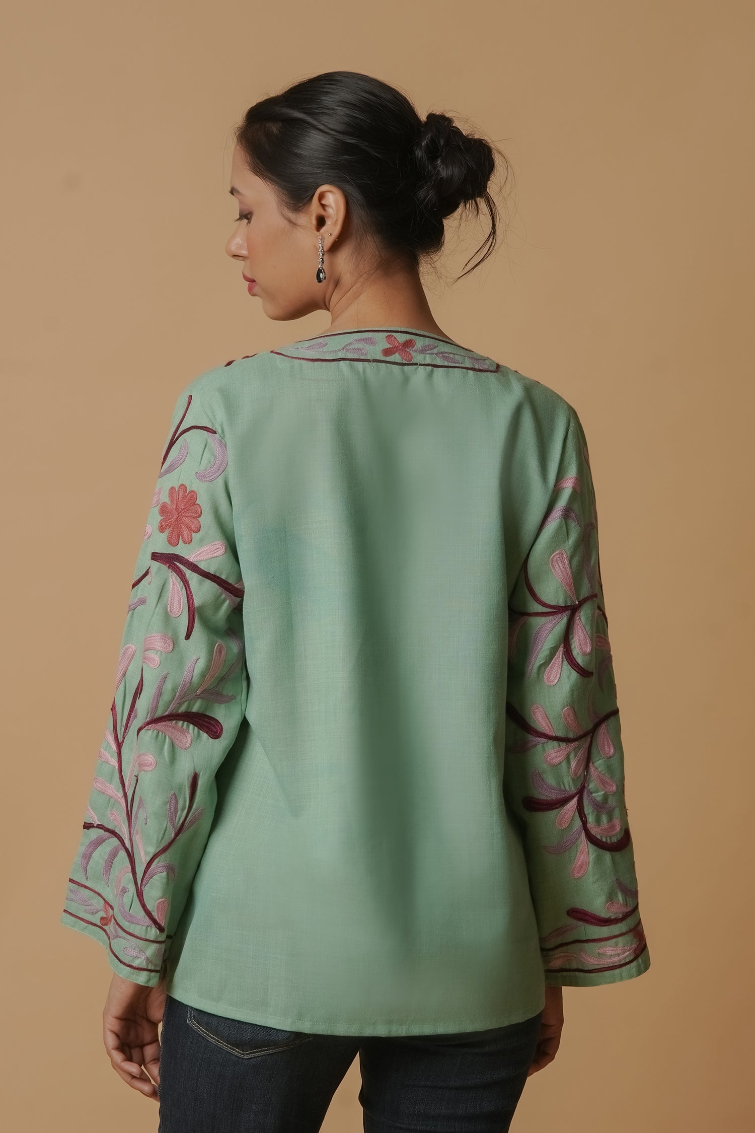 Kashmiri Jacket With Aari Work Cotton – Pista Green