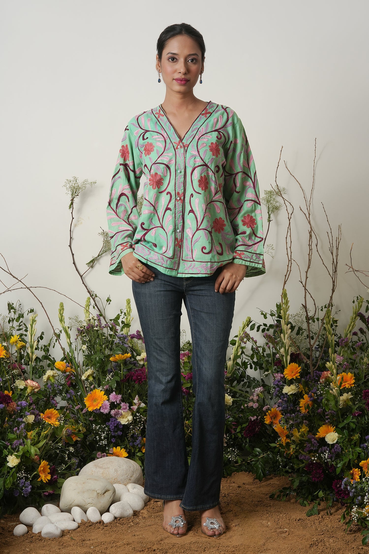 Kashmiri Jacket With Aari Work Cotton – Pista Green