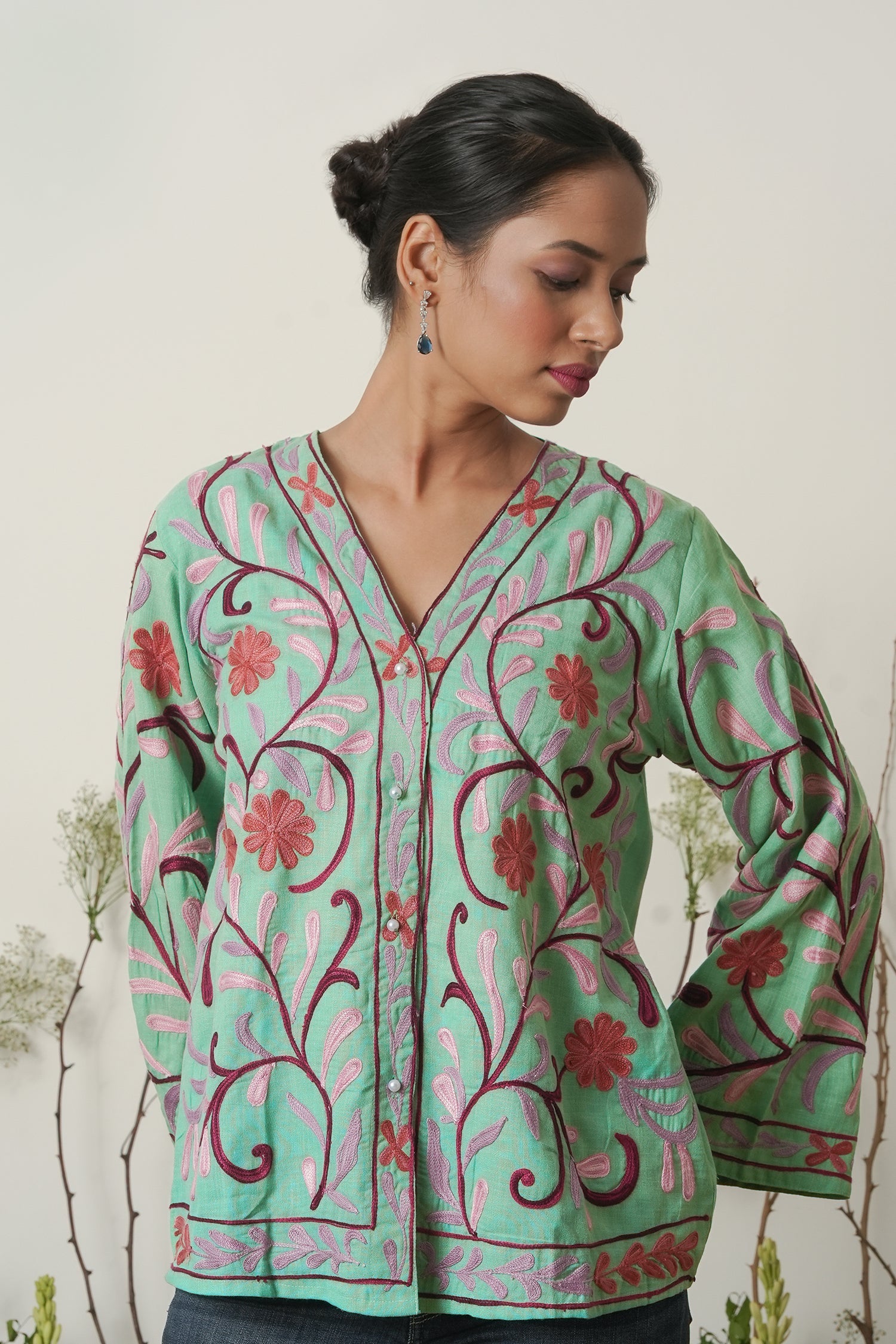 Kashmiri Jacket With Aari Work Cotton – Pista Green