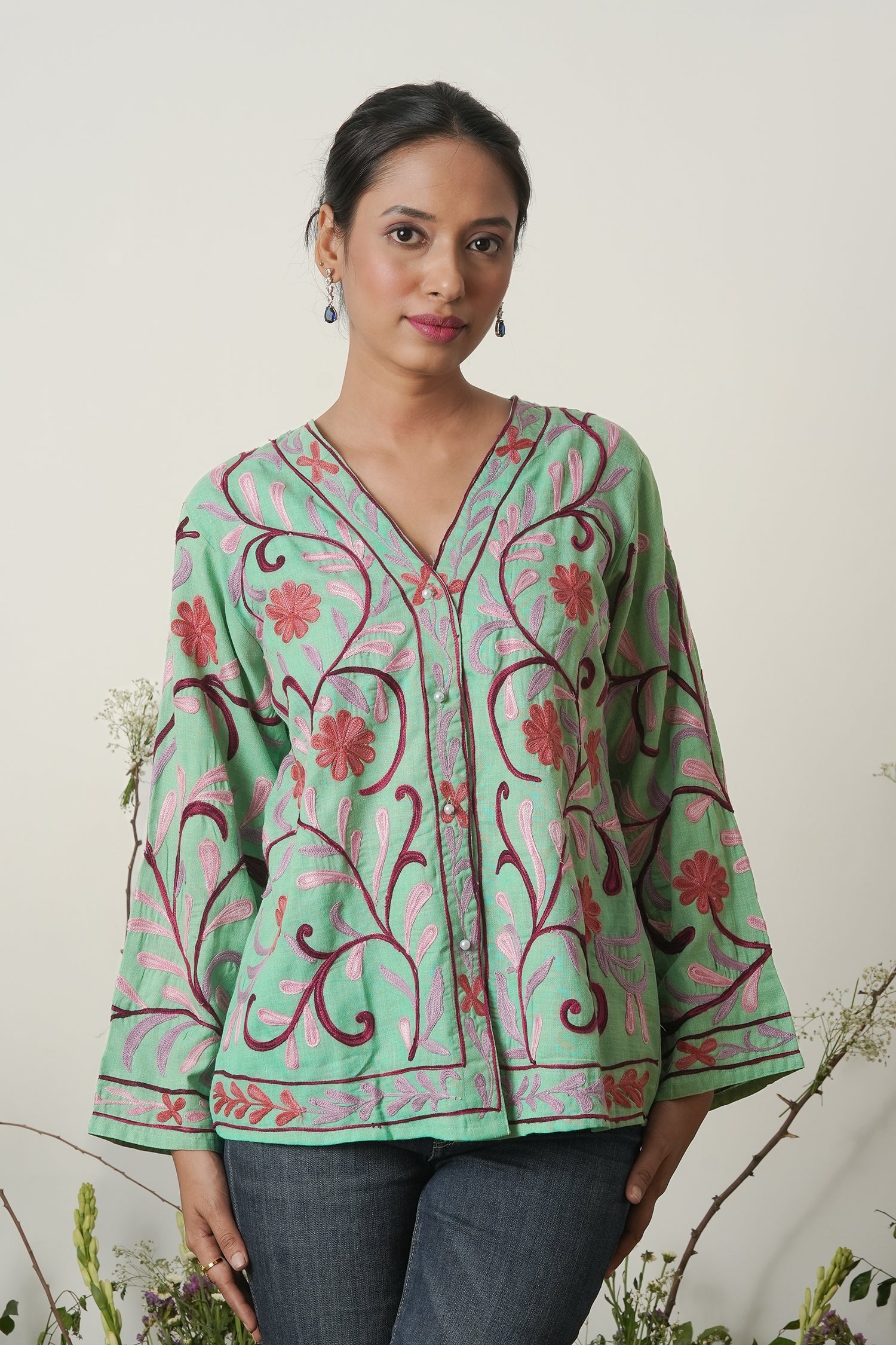 Kashmiri Jacket With Aari Work Cotton – Pista Green