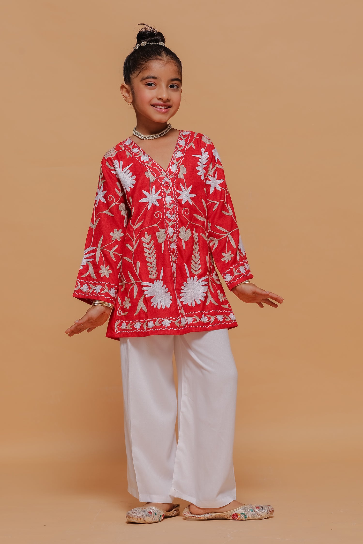 Kids Red Cotton Short Jacket with Kashmiri Aari Work