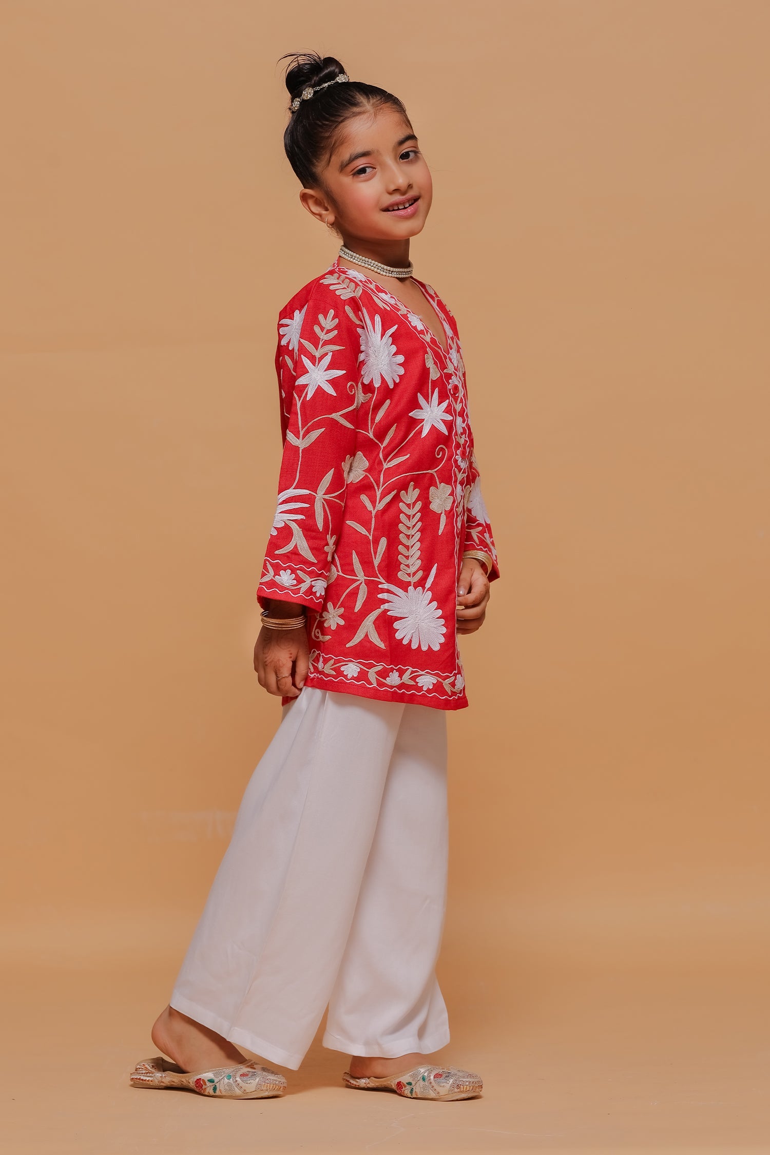 Kids Red Cotton Short Jacket with Kashmiri Aari Work