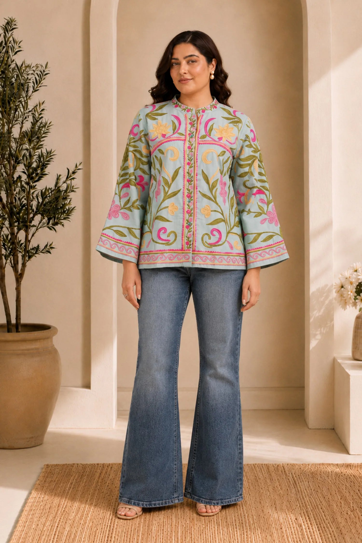 Plus Size - Kashmiri Jacket With Aari Work Cotton – Sky Blue