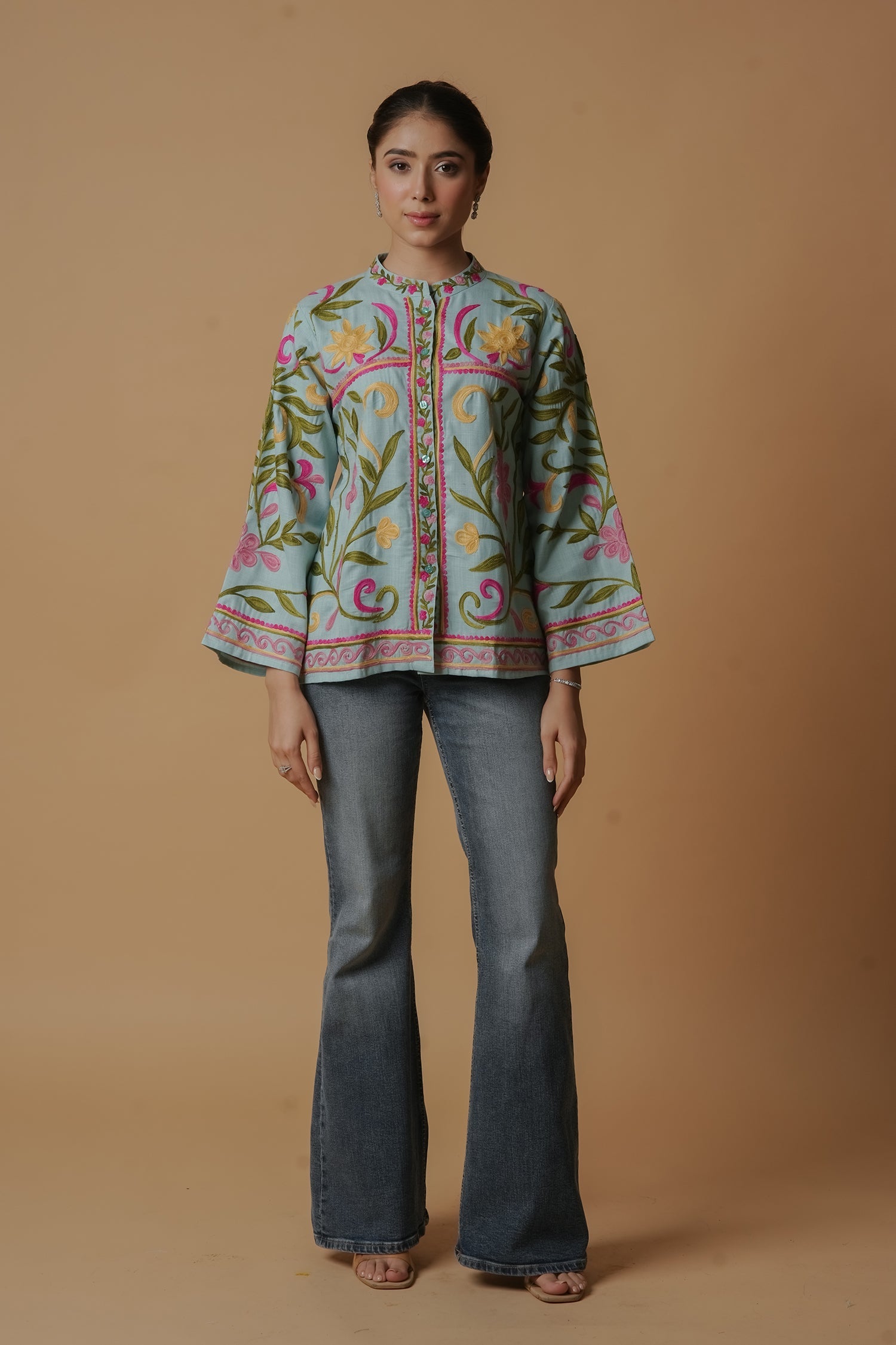 Kashmiri Jacket With Aari Work Cotton – Sky Blue