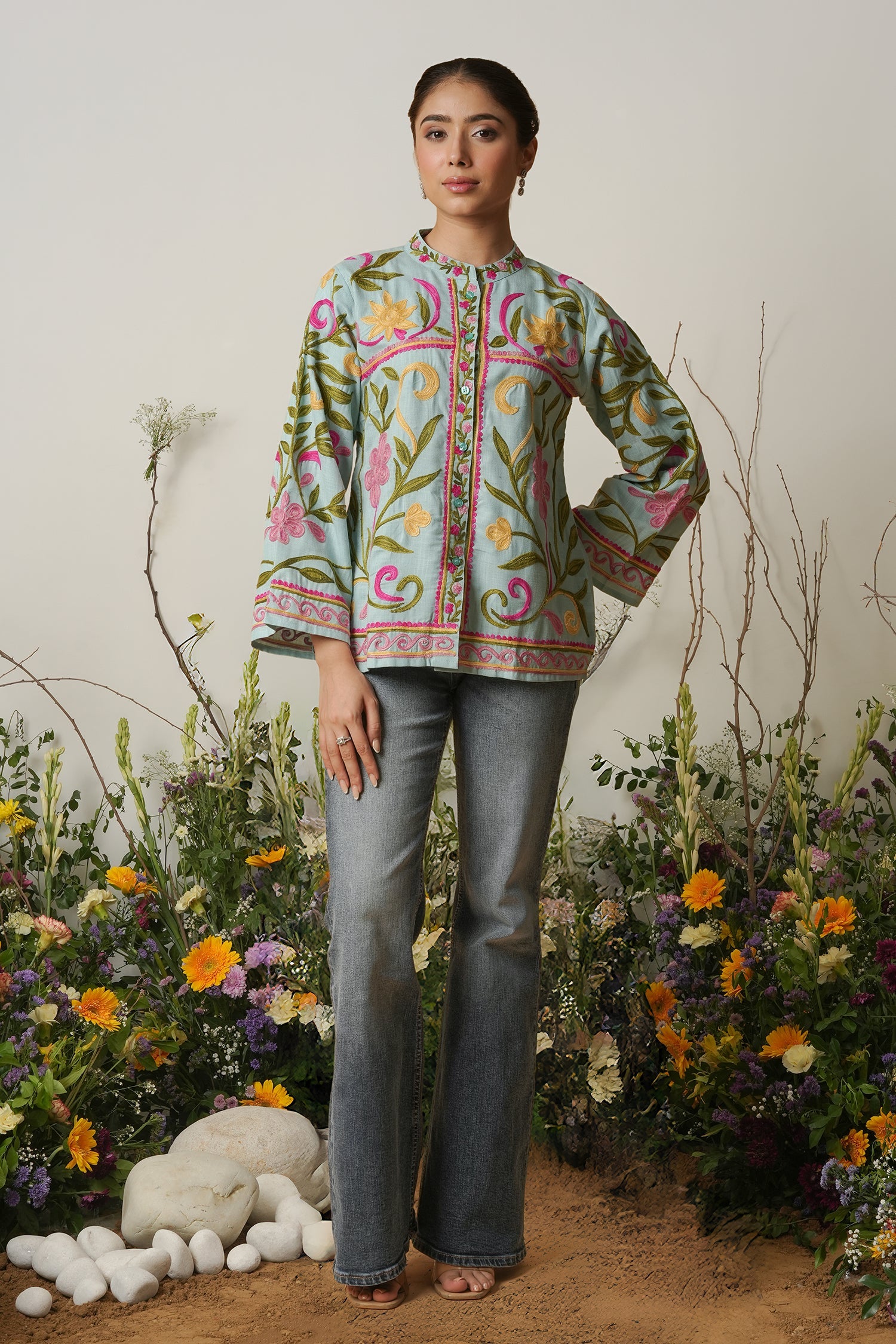 Kashmiri Jacket With Aari Work Cotton – Sky Blue