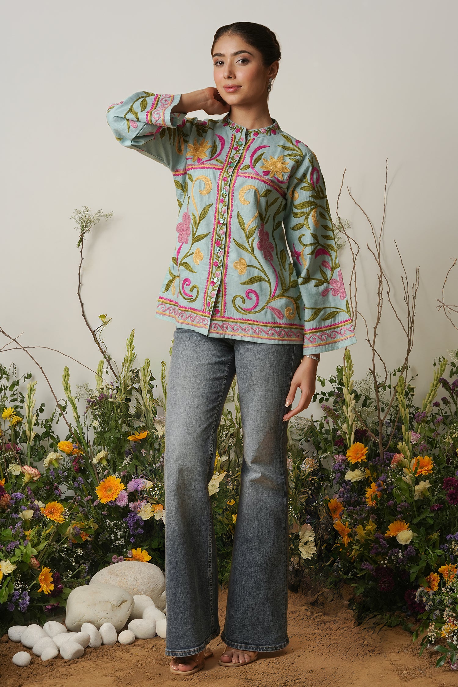 Kashmiri Jacket With Aari Work Cotton – Sky Blue