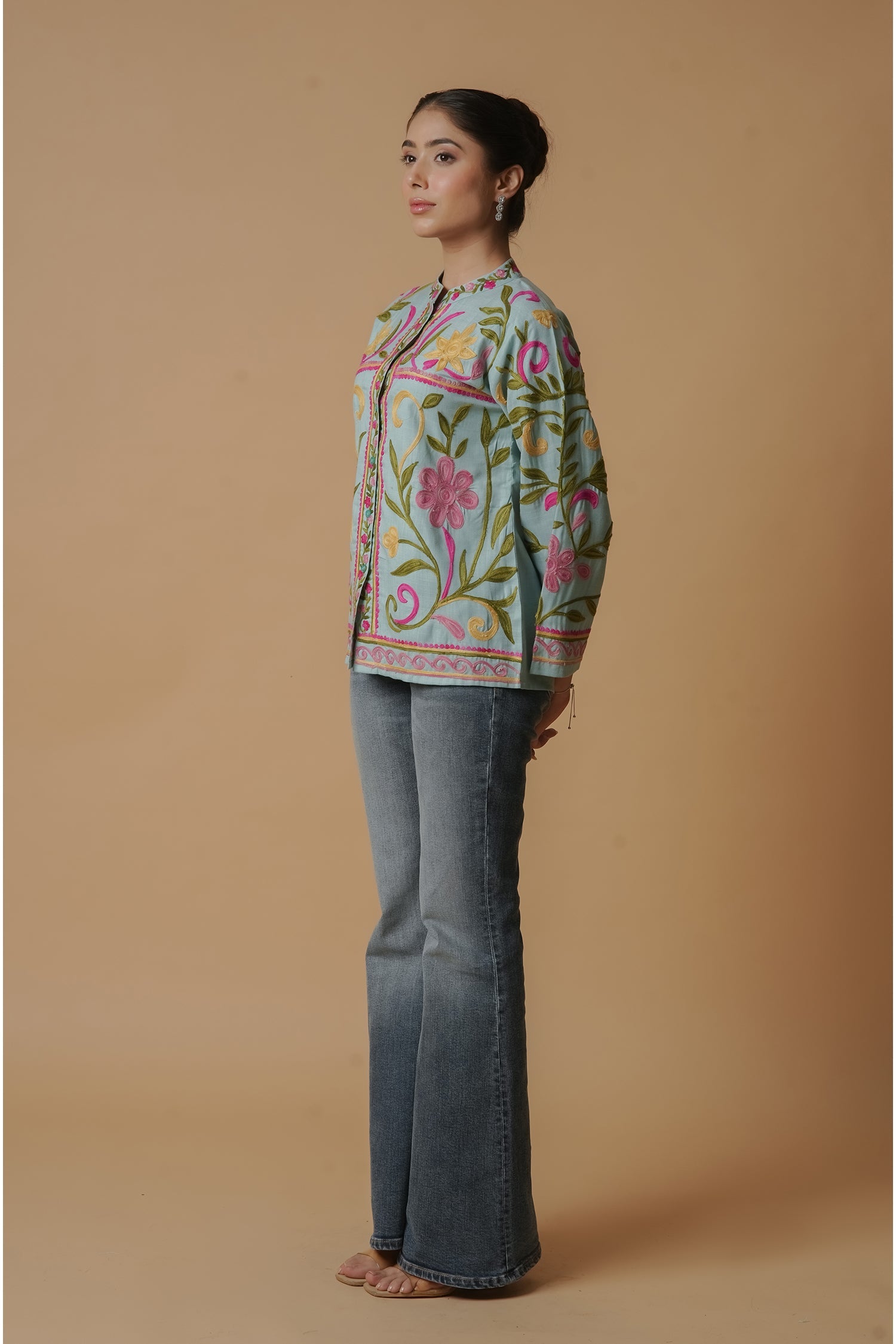 Kashmiri Jacket With Aari Work Cotton – Sky Blue