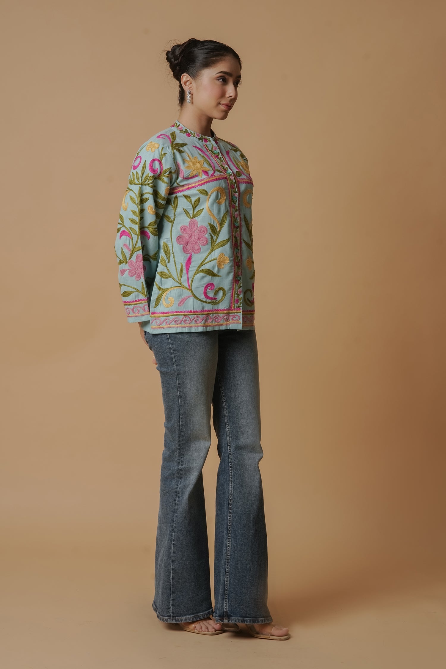 Kashmiri Jacket With Aari Work Cotton – Sky Blue