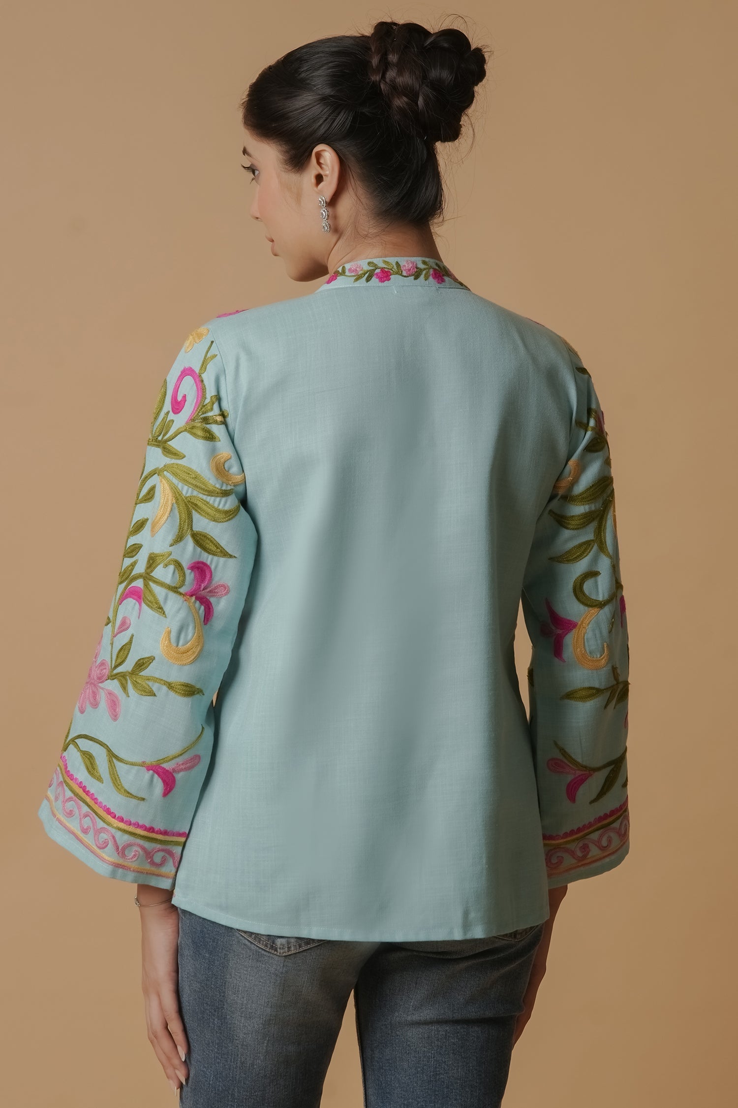 Kashmiri Jacket With Aari Work Cotton – Sky Blue