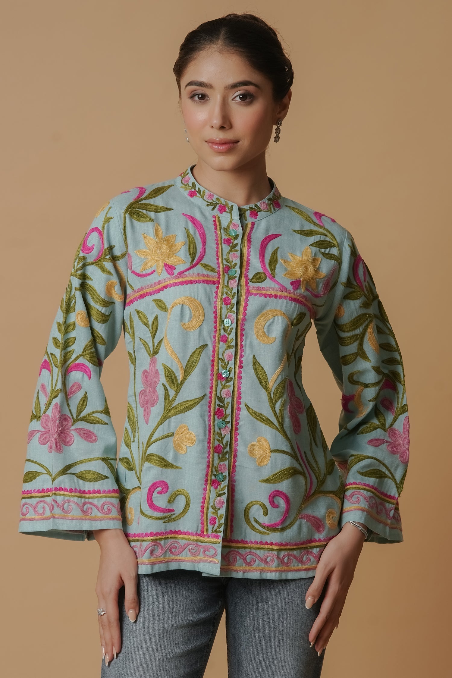 Kashmiri Jacket With Aari Work Cotton – Sky Blue