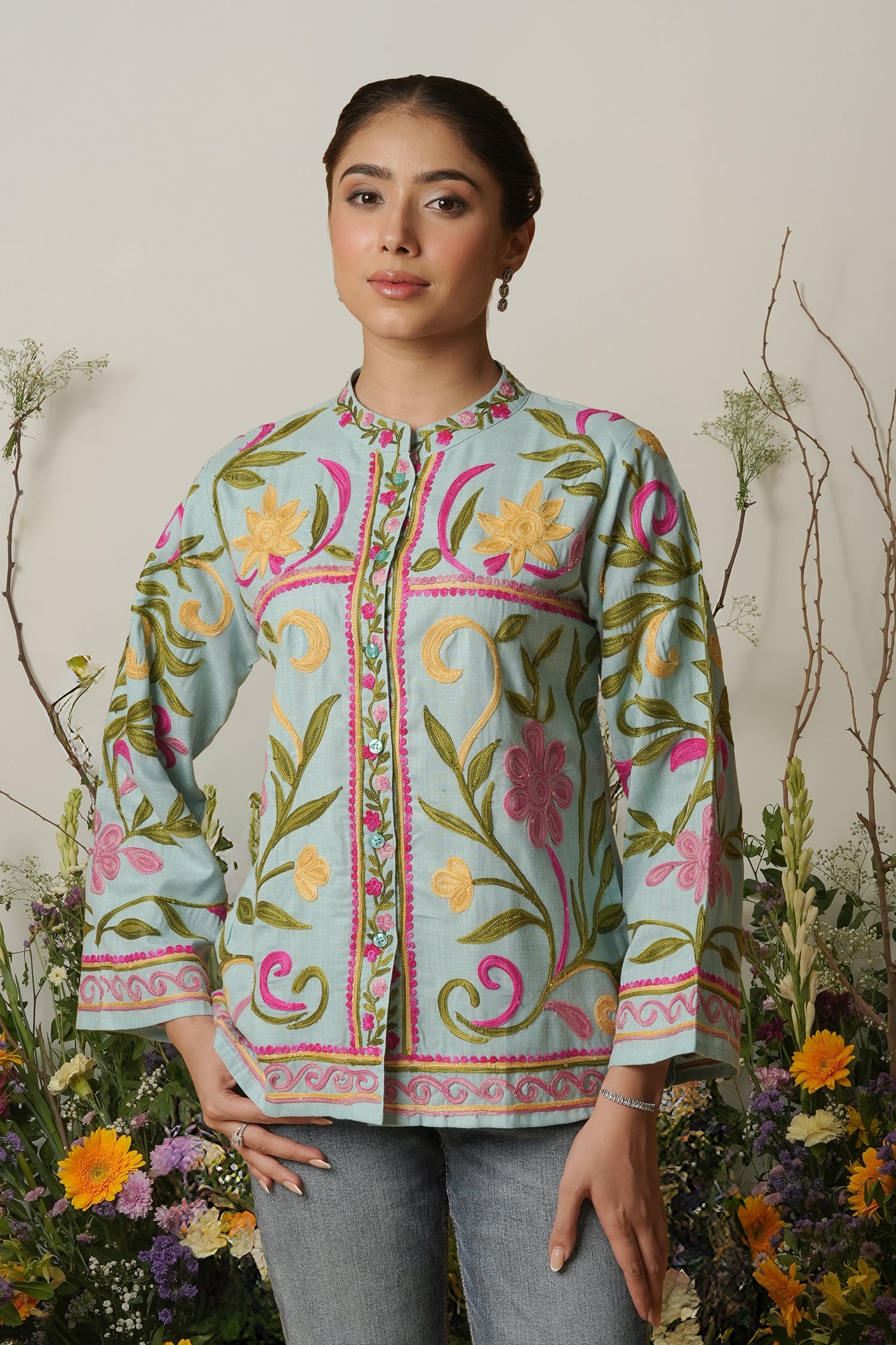 Kashmiri Jacket With Aari Work Cotton – Sky Blue
