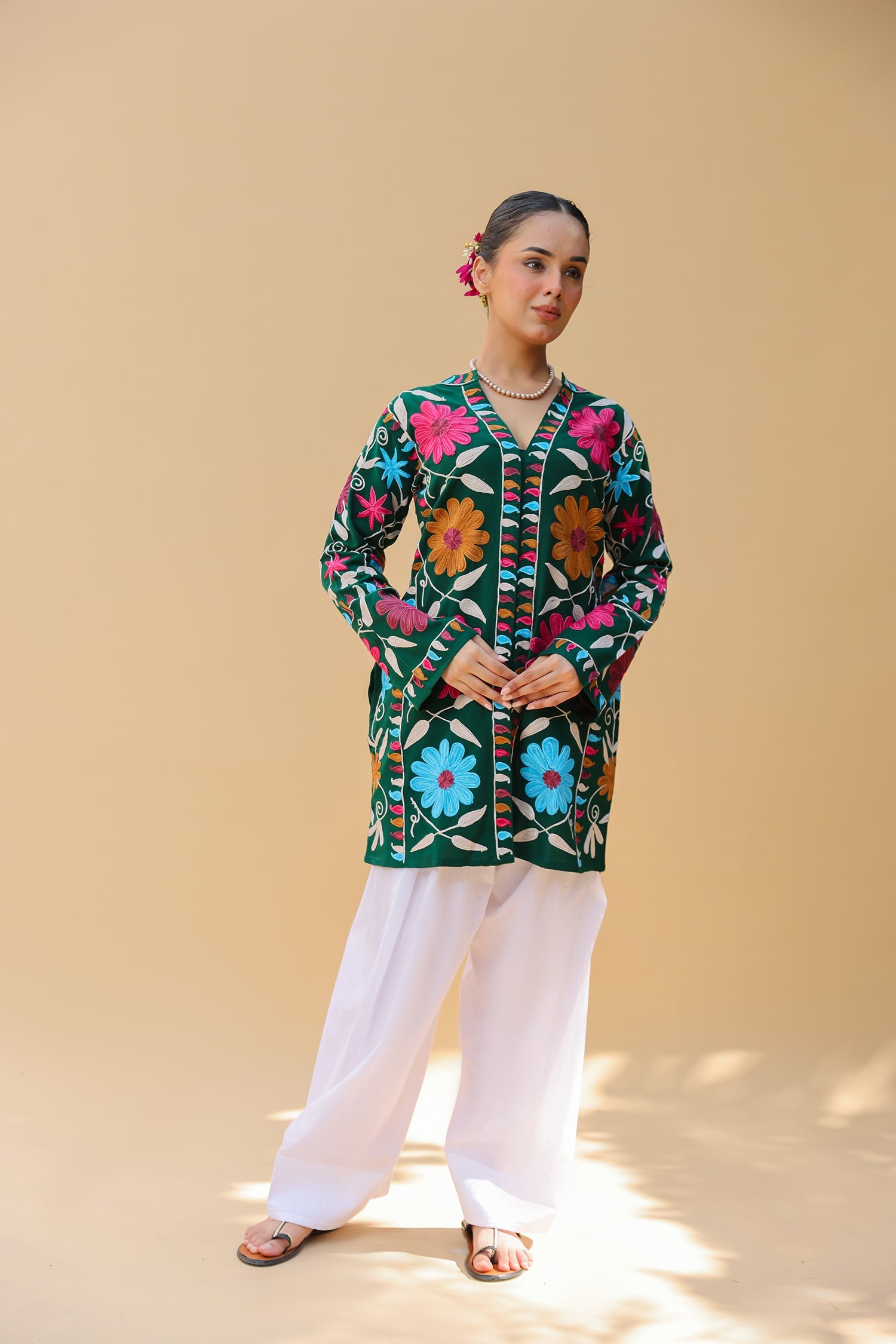 Woolen Kashmiri Aari Jacket – Green Floral