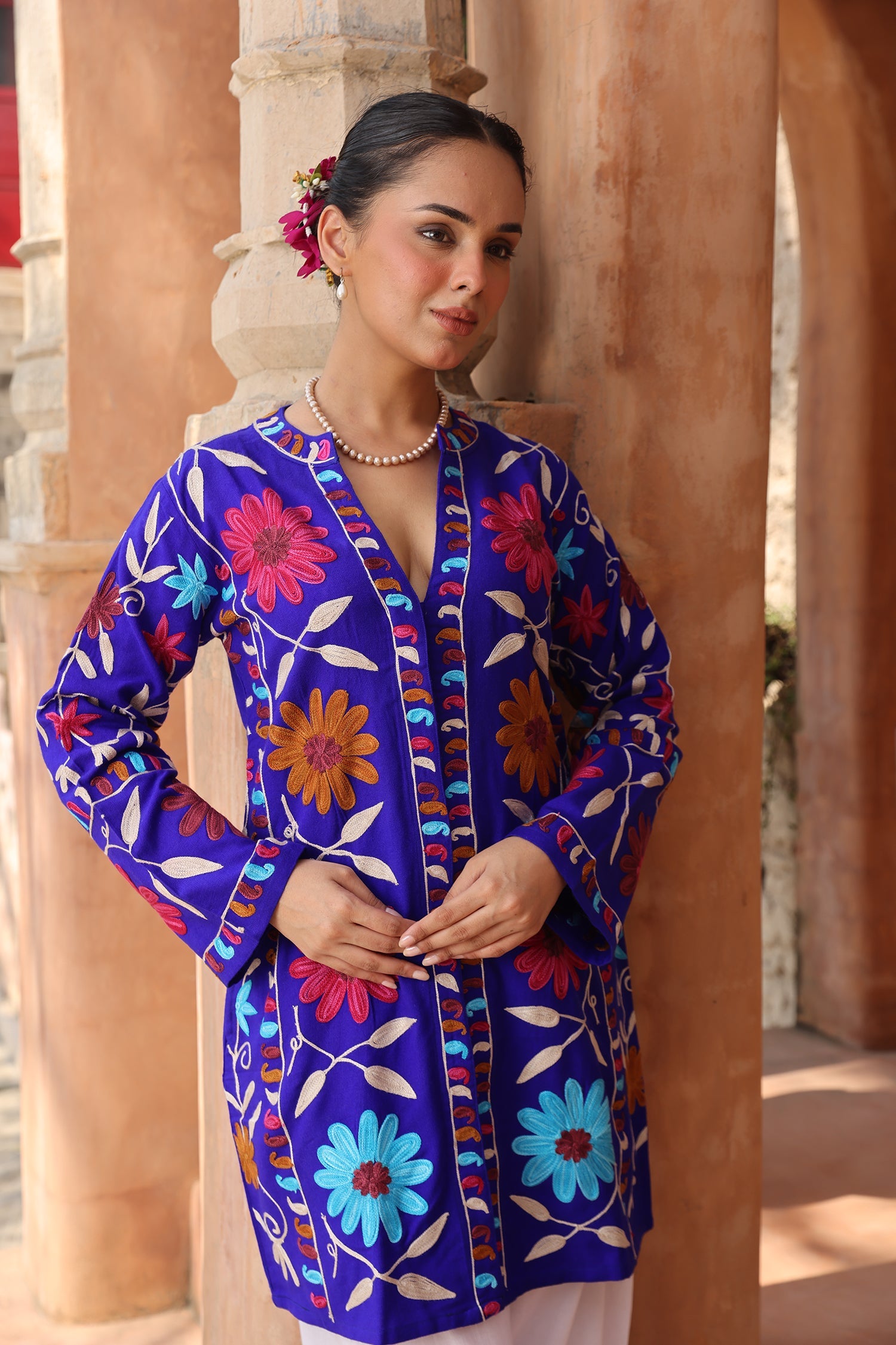 Woolen Kashmiri Aari Jacket – Royal Blue Floral