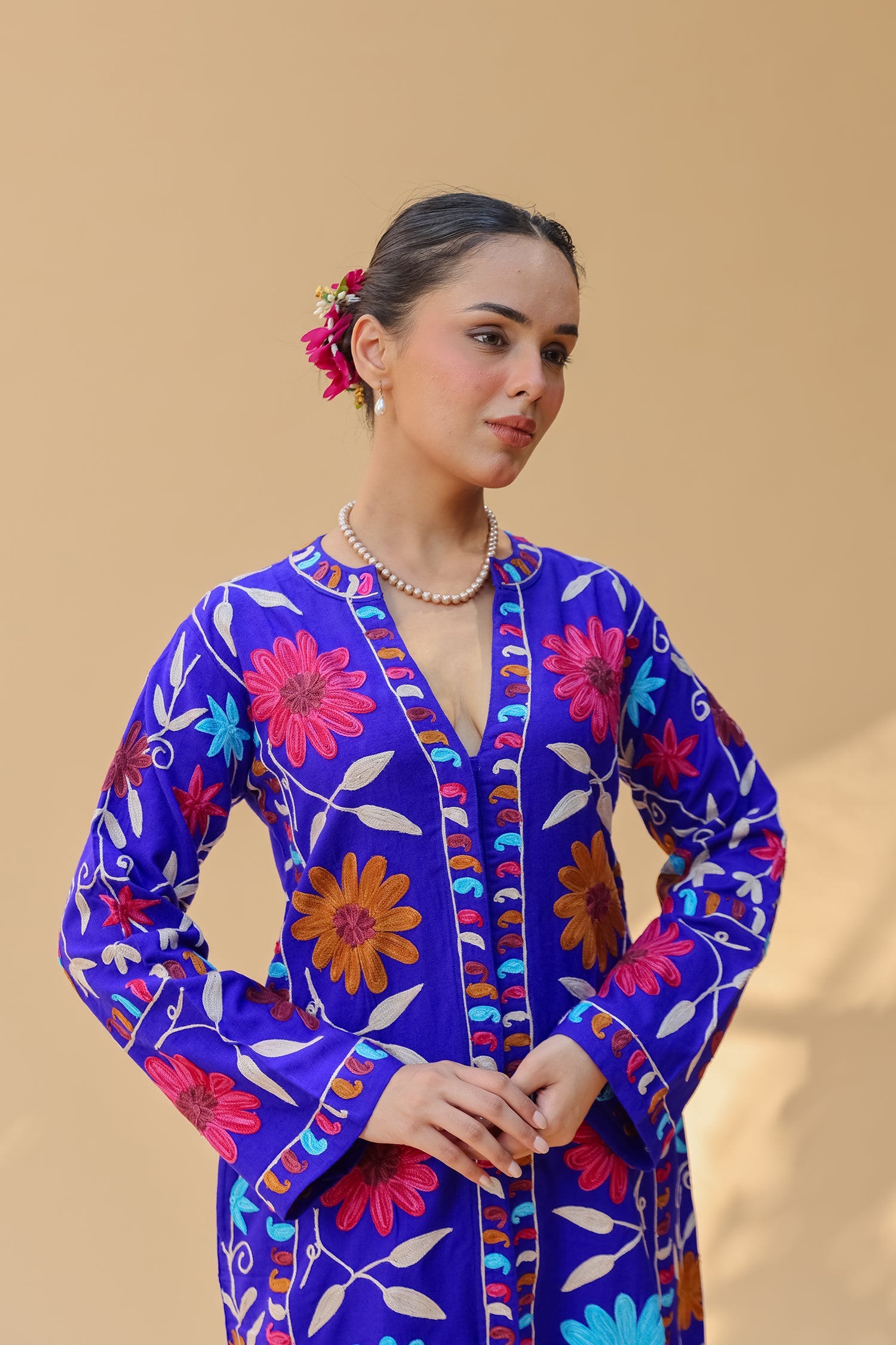 Woolen Kashmiri Aari Jacket – Royal Blue Floral