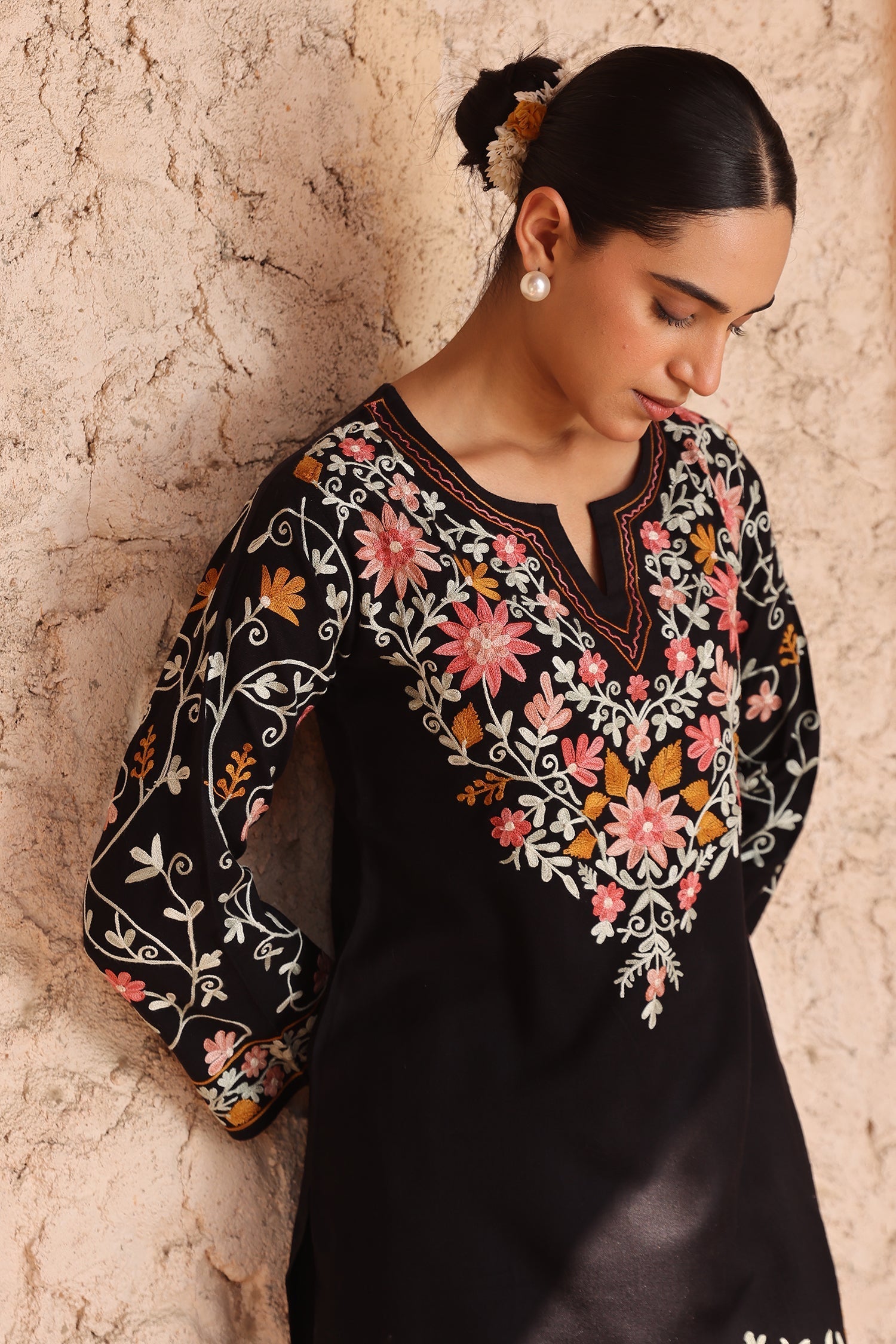 Cotton Kashmiri Aari Embroidered Kurta Set – Black with Farsi Bottoms