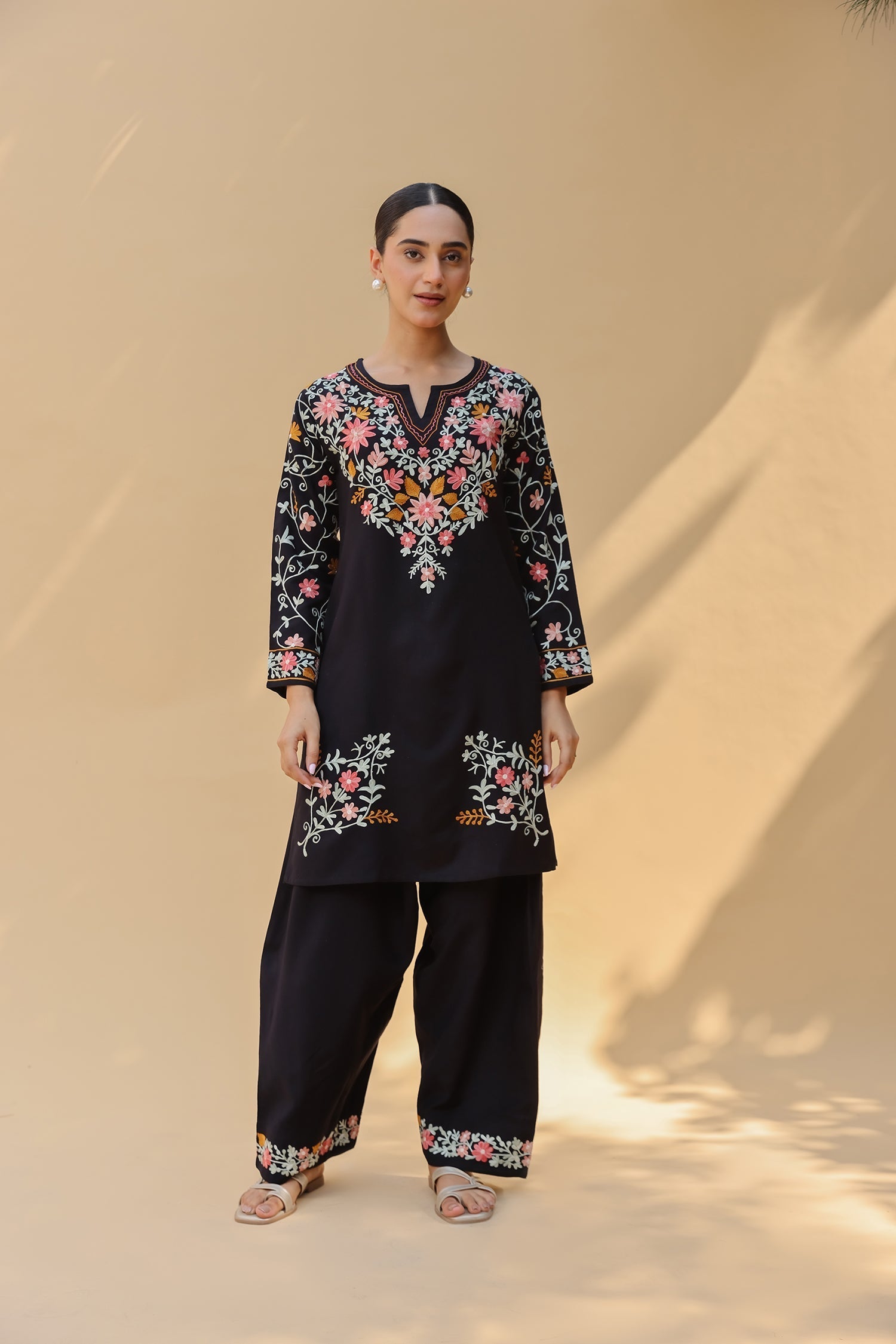 Cotton Kashmiri Aari Embroidered Kurta Set – Black with Farsi Bottoms