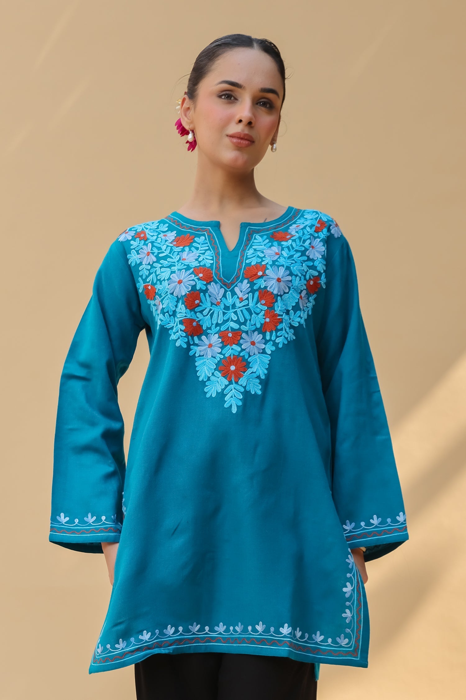 Woolen Kashmiri Aari Short Kurta – Teal Blue