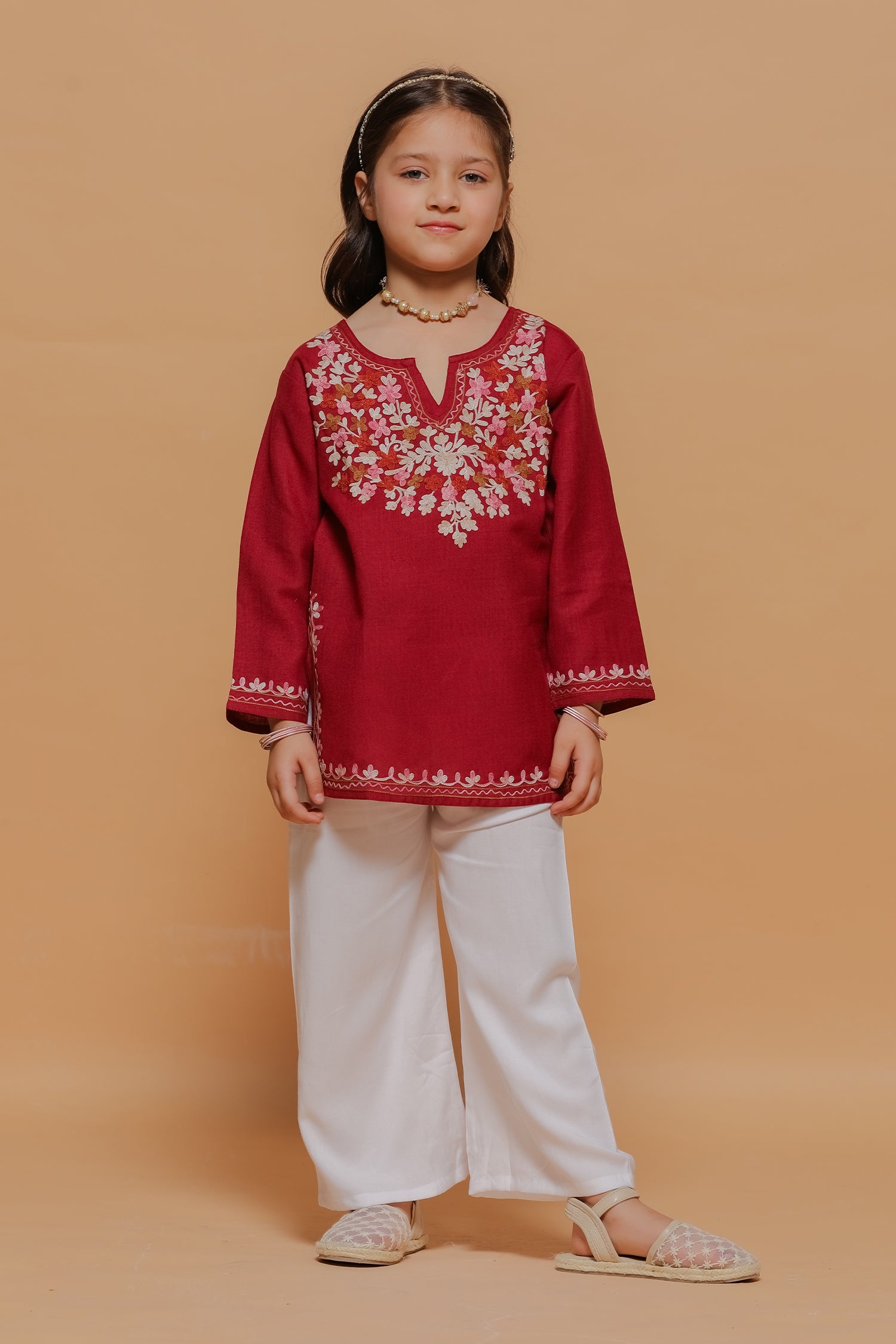 Kids Maroon Cotton Short Kurta with Kashmiri Aari Work