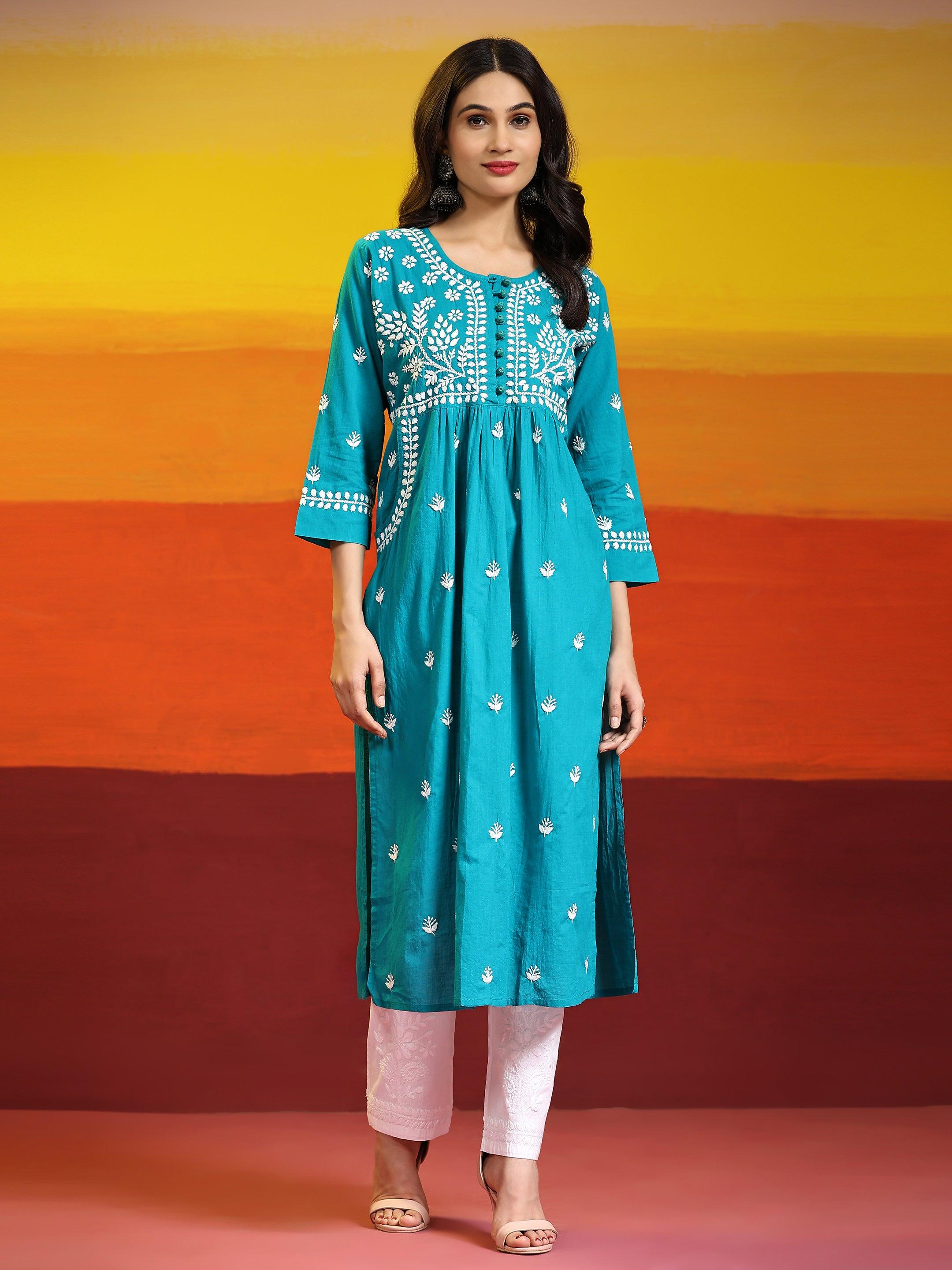 Samma Chikankari Long kurti In Cotton for Women- Sea Green - House Of Kari (Chikankari Clothing)