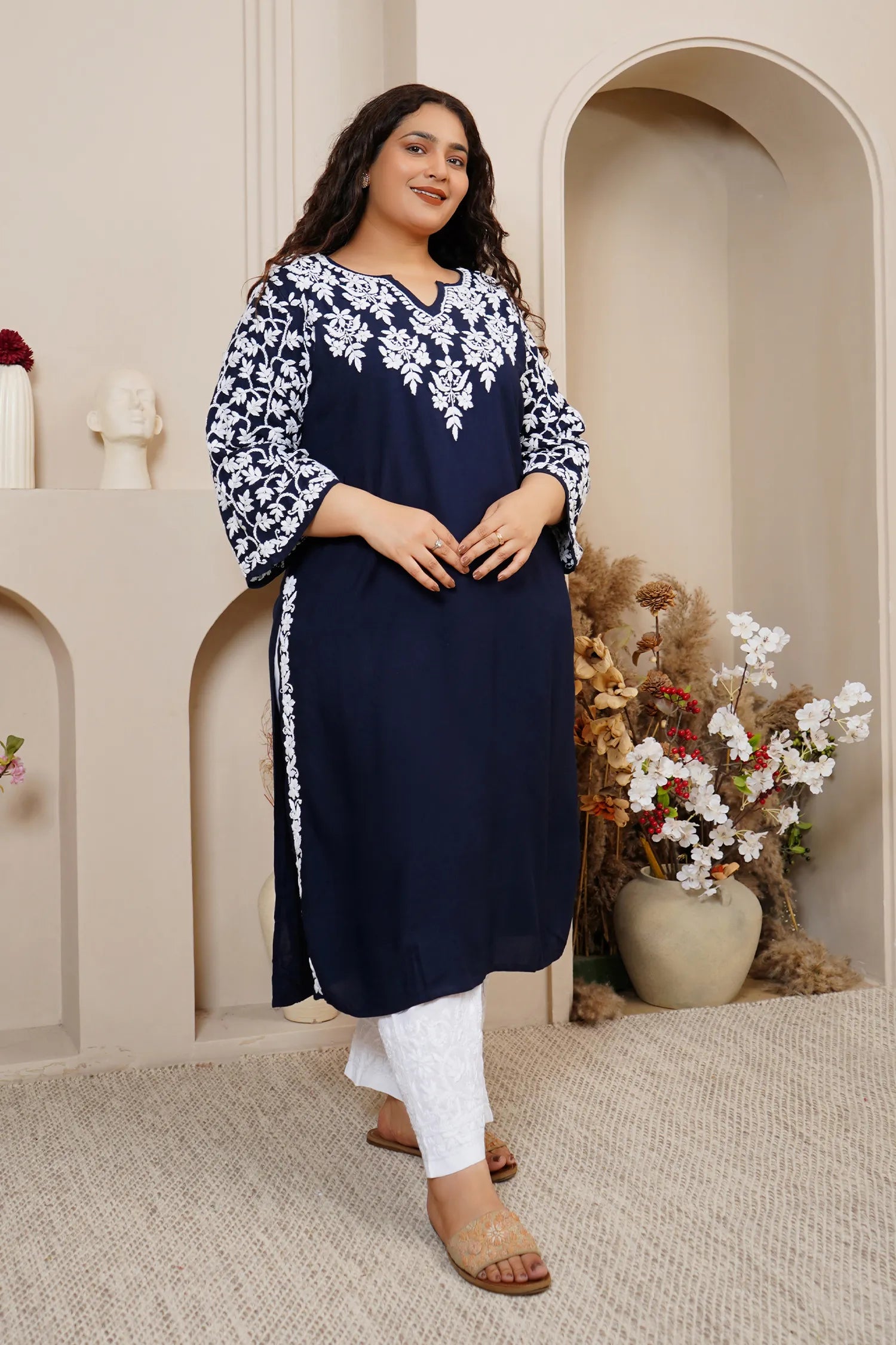 Plus Size - Fizaa Chikankari Elegant Blue Modal Cotton Kurta
