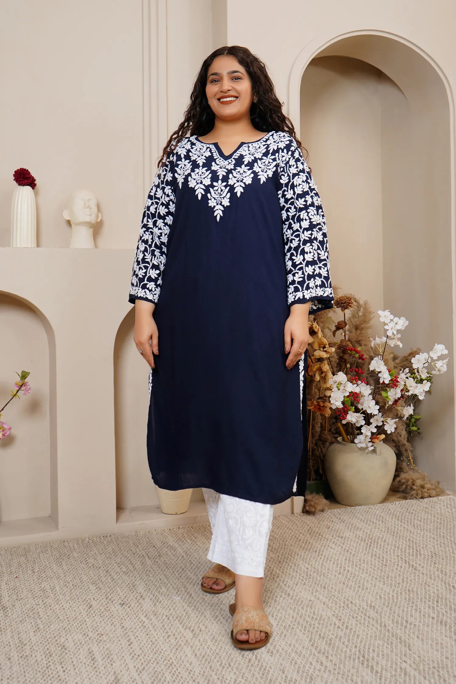 Plus Size - Fizaa Chikankari Elegant Blue Modal Cotton Kurta
