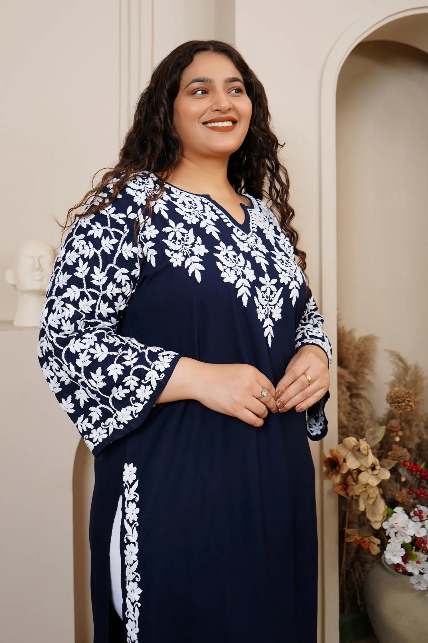Plus Size - Fizaa Chikankari Elegant Blue Modal Cotton Kurta