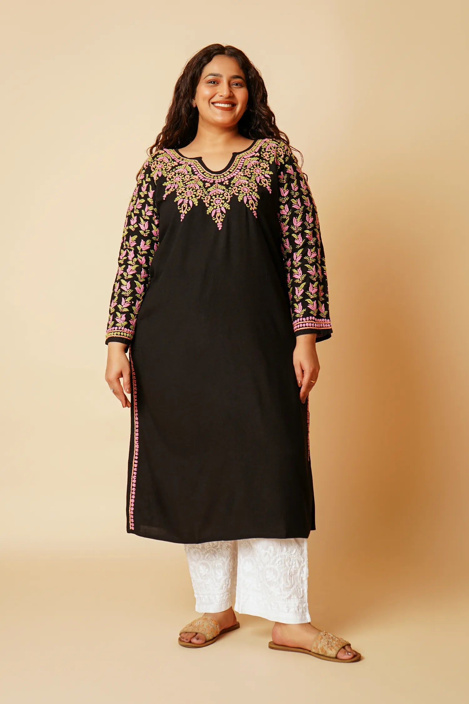 Plus Size - HOK Saba Chikankari Long Kurta in Rayon Cotton - Black