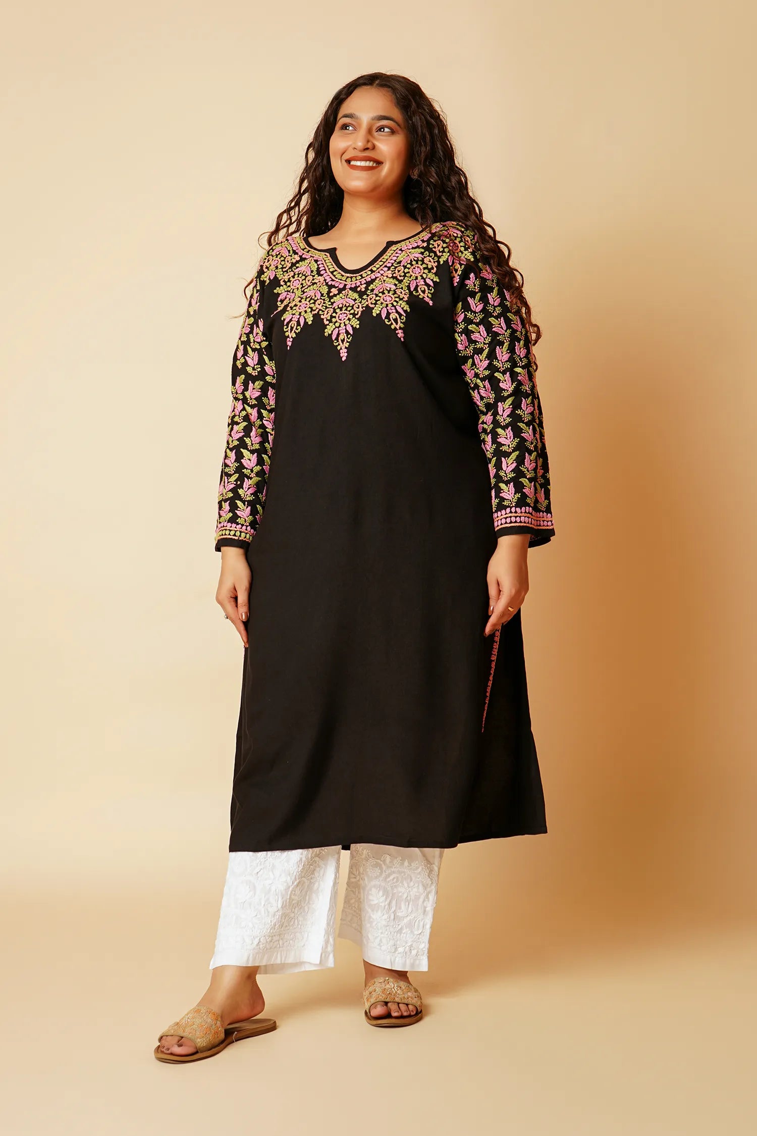 Plus Size - HOK Saba Chikankari Long Kurta in Rayon Cotton - Black