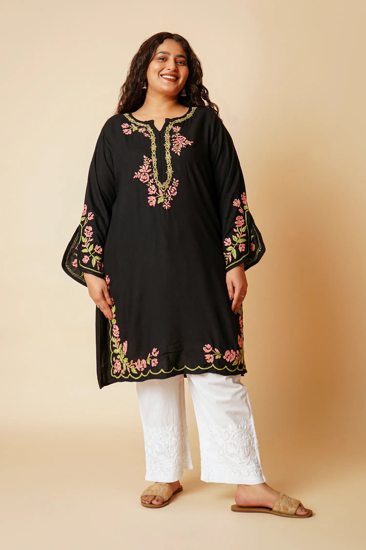Plus Size - HOK Saba Chikankari Long Kurta in Rayon Cotton - Black