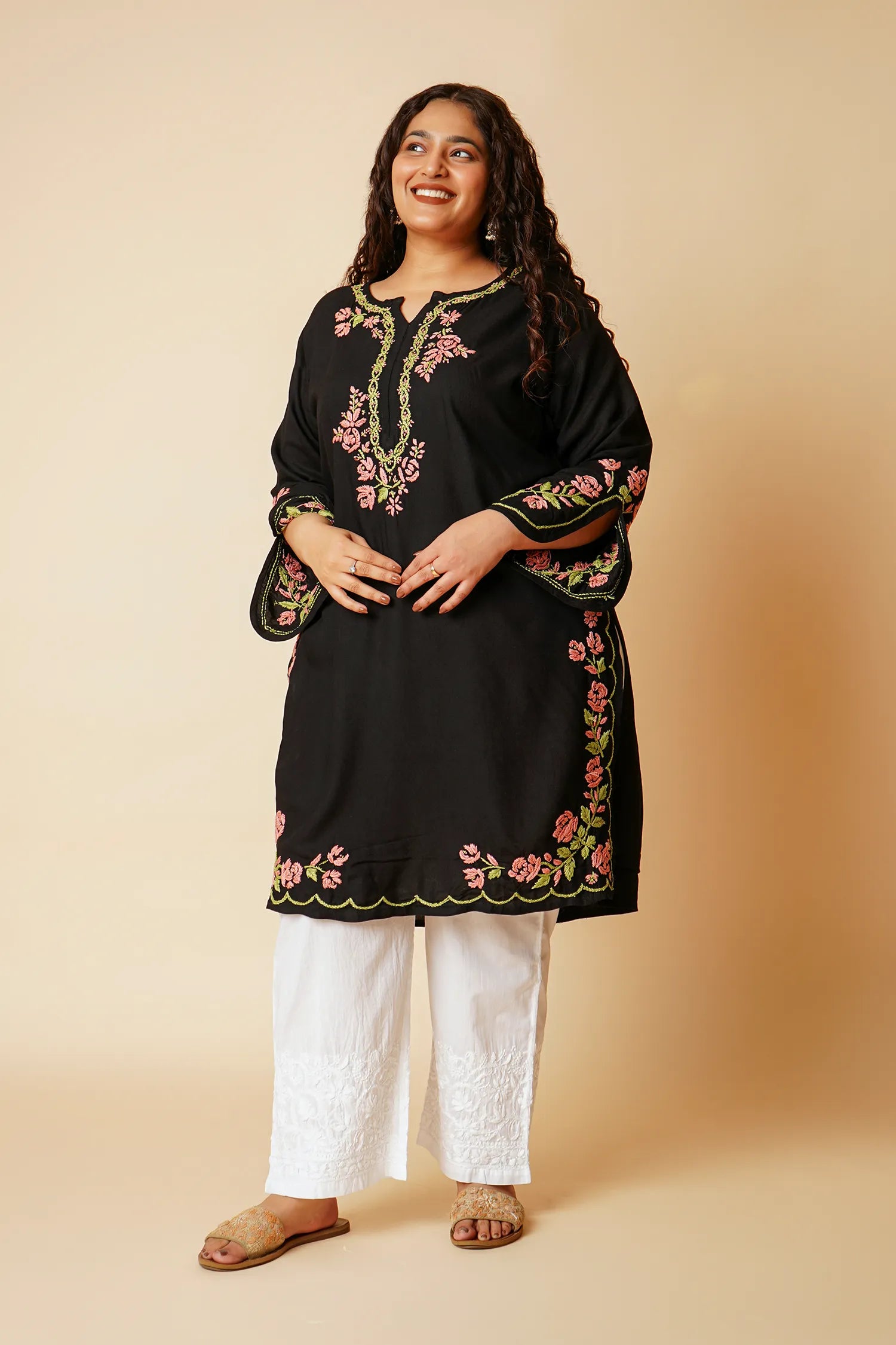 Plus Size - HOK Saba Chikankari Long Kurta in Rayon Cotton - Black