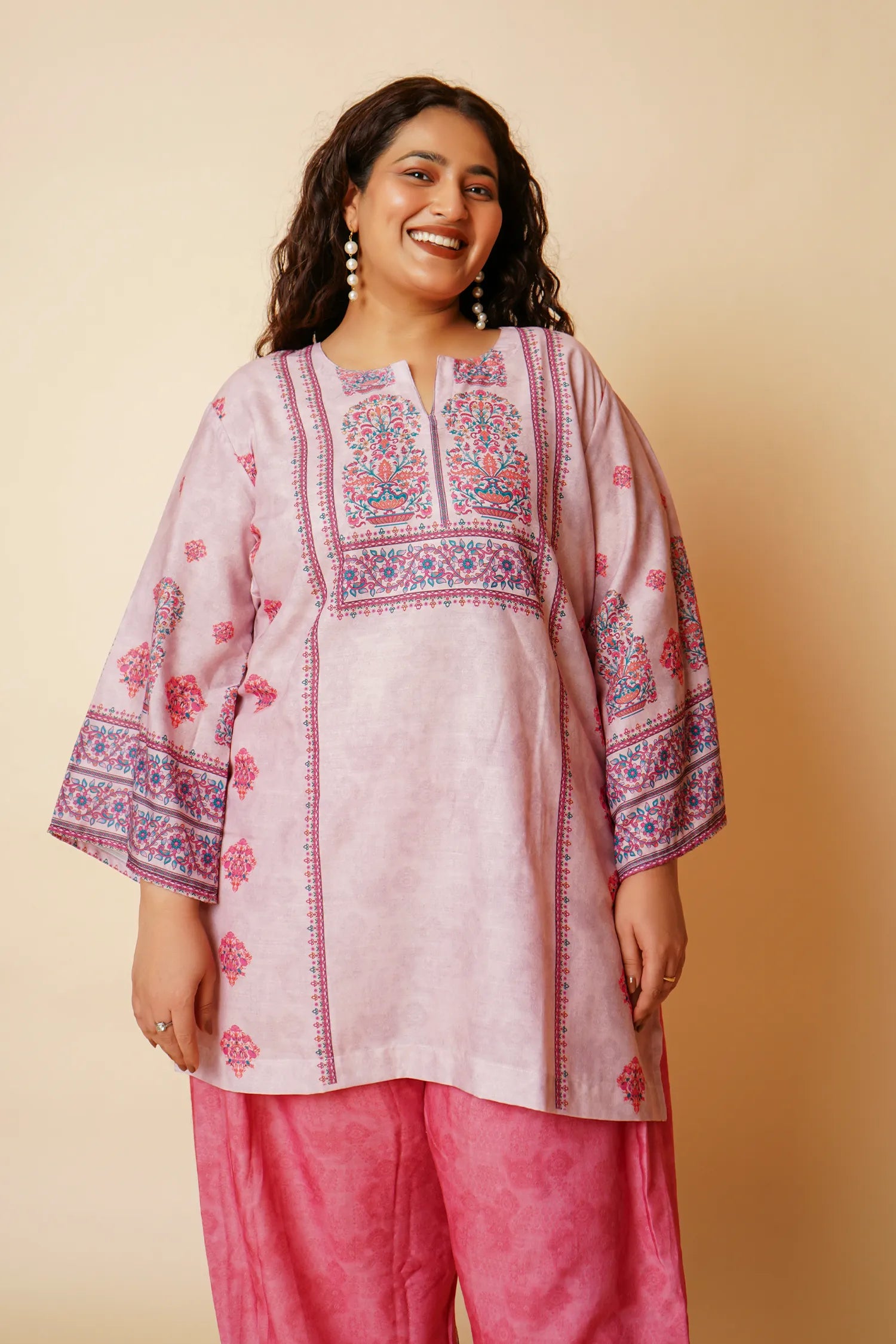 Plus Size - Lawn Cotton Printkari Co-ord Set – Blush Pink Floral with Farsi Pant