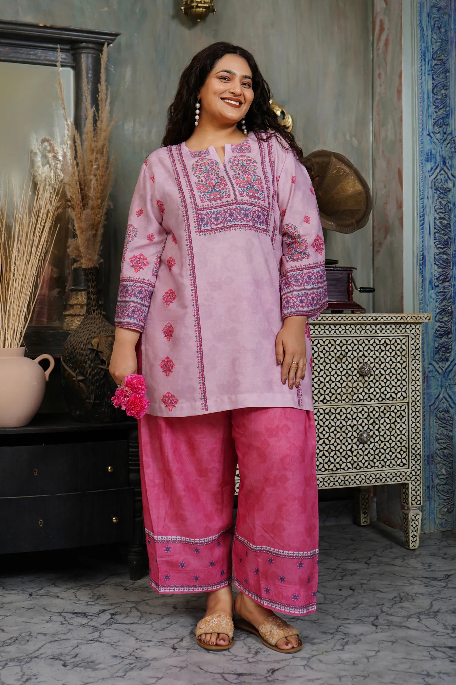 Plus Size - Lawn Cotton Printkari Co-ord Set – Blush Pink Floral with Farsi Pant