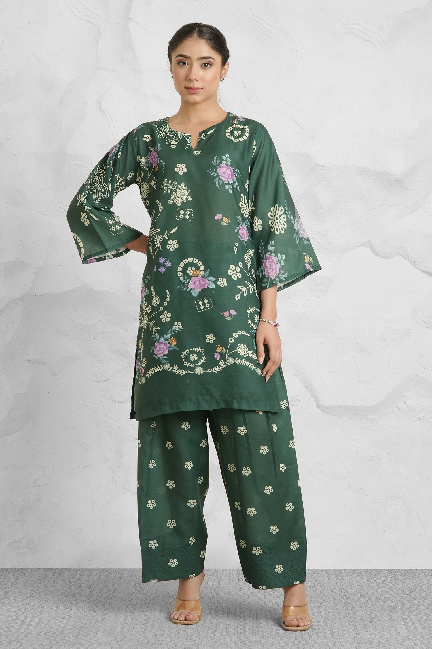 Lawn Cotton Printkari Co-ord Set – Bottle Green with Farsi Pant