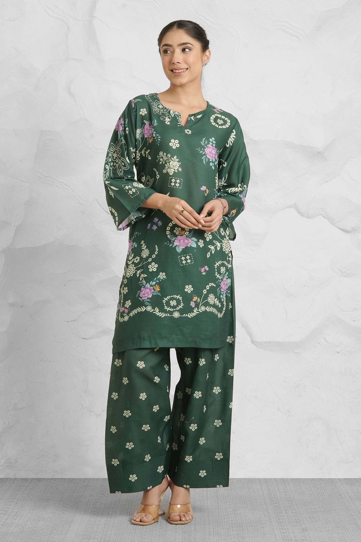 Lawn Cotton Printkari Co-ord Set – Bottle Green with Farsi Pant
