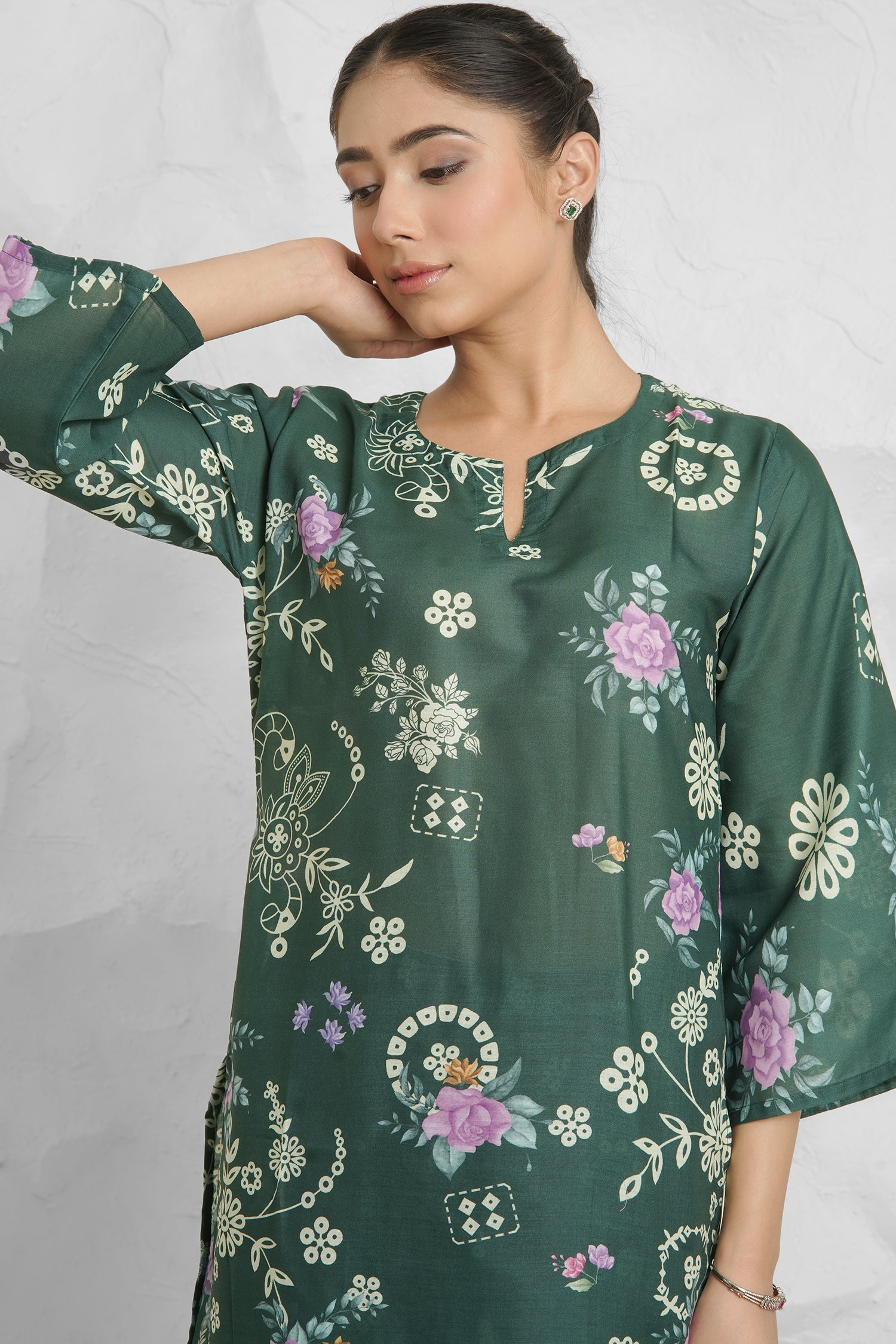 Lawn Cotton Printkari Co-ord Set – Bottle Green with Farsi Pant