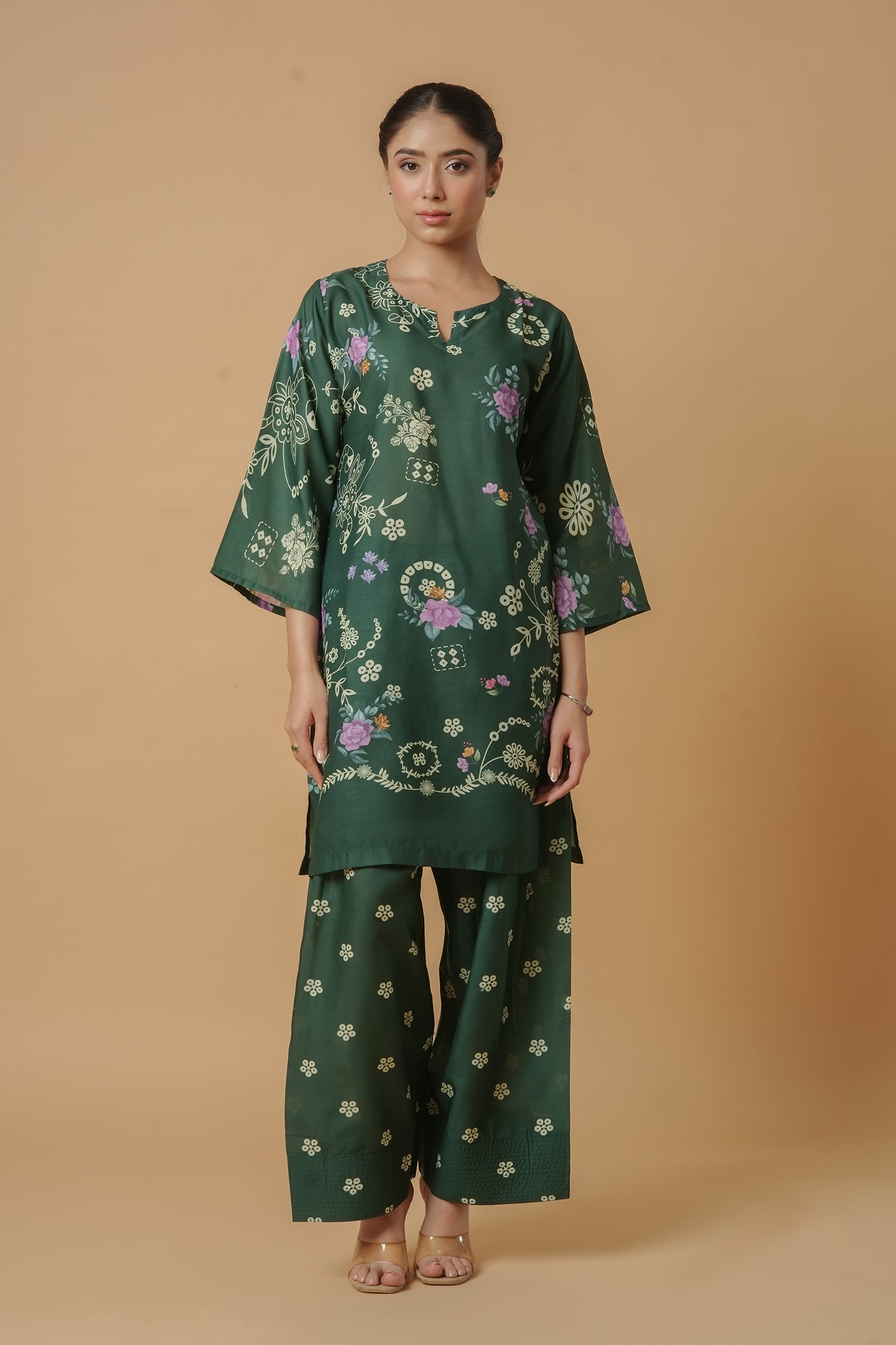 Lawn Cotton Printkari Co-ord Set – Bottle Green with Farsi Pant