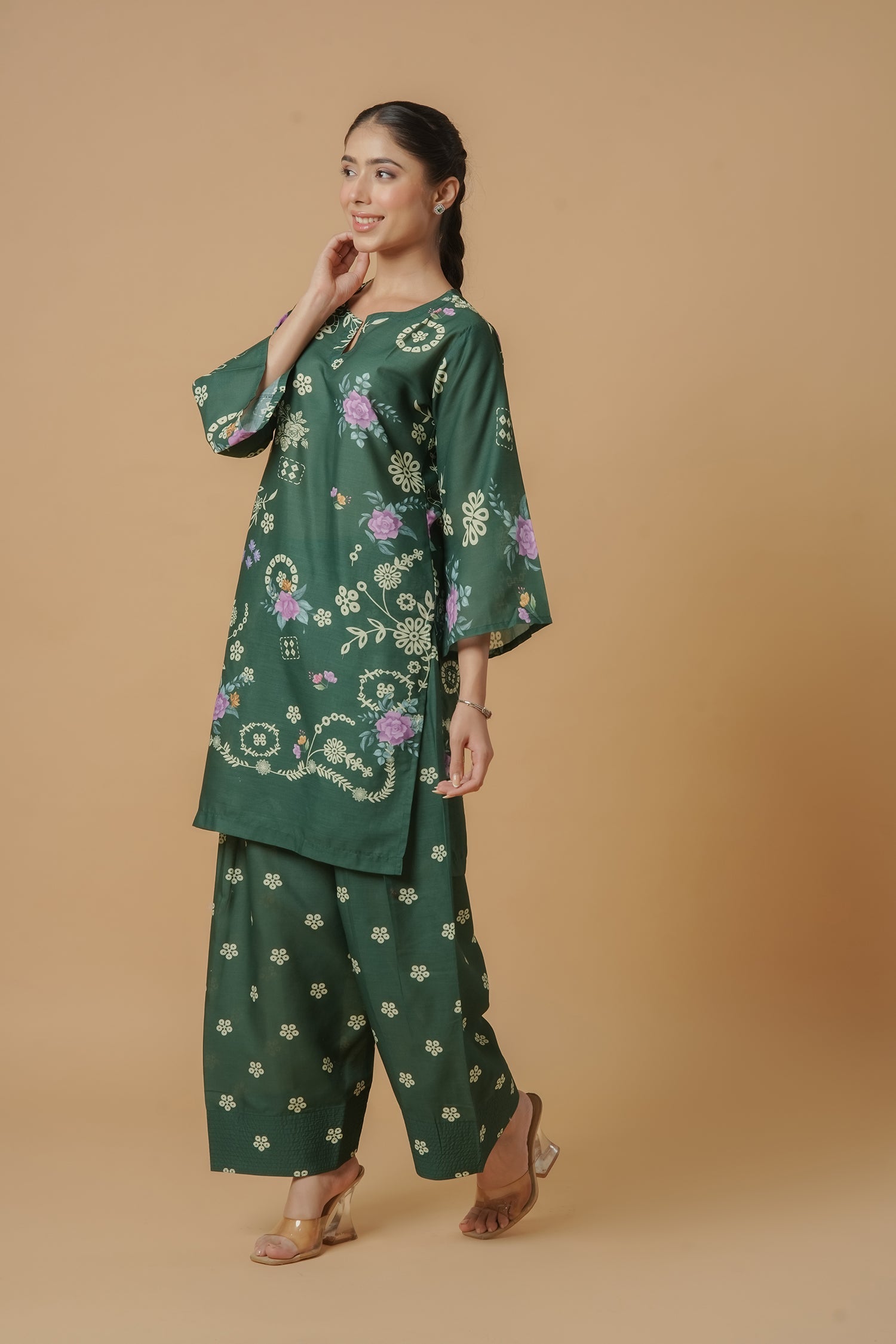 Lawn Cotton Printkari Co-ord Set – Bottle Green with Farsi Pant