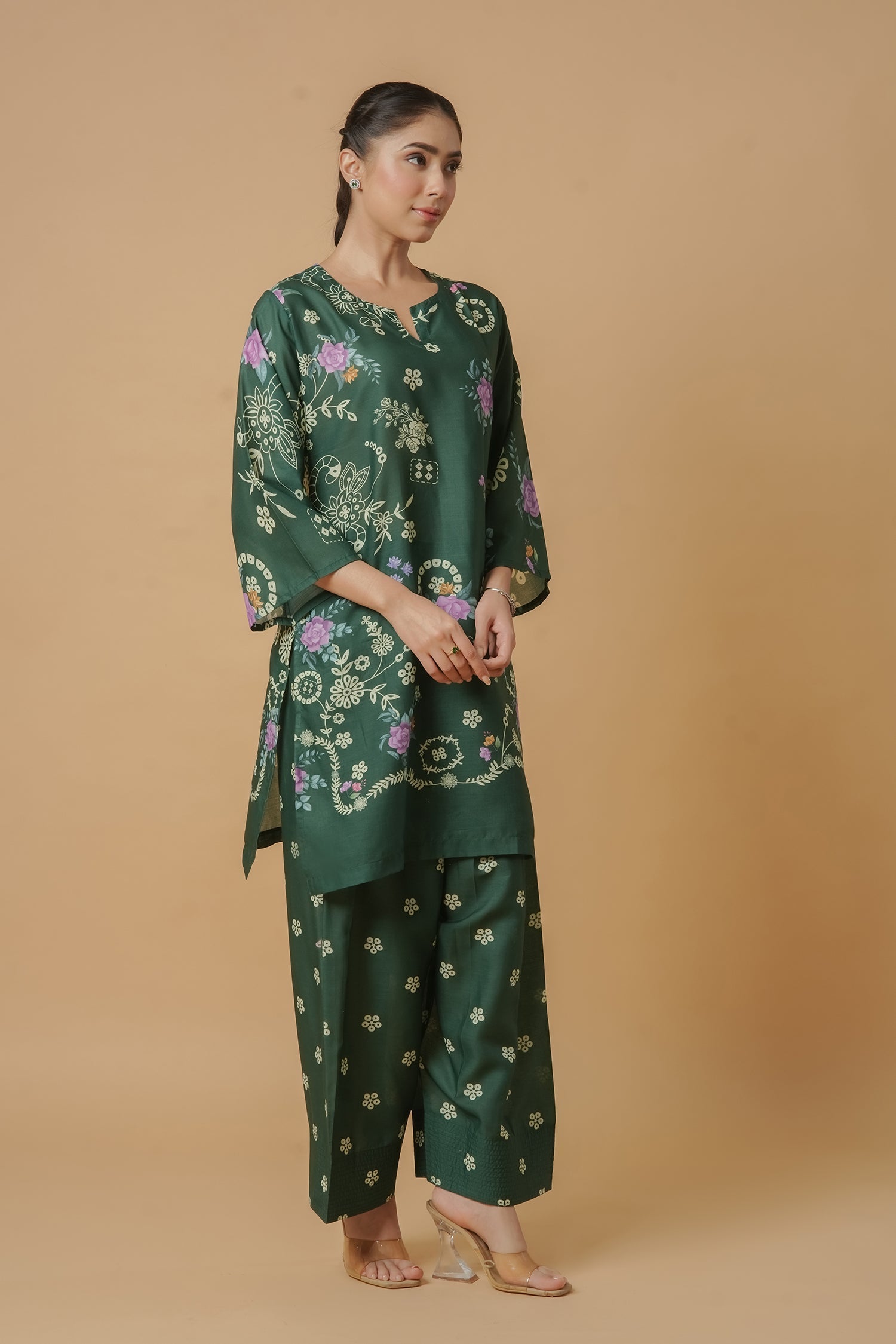 Lawn Cotton Printkari Co-ord Set – Bottle Green with Farsi Pant