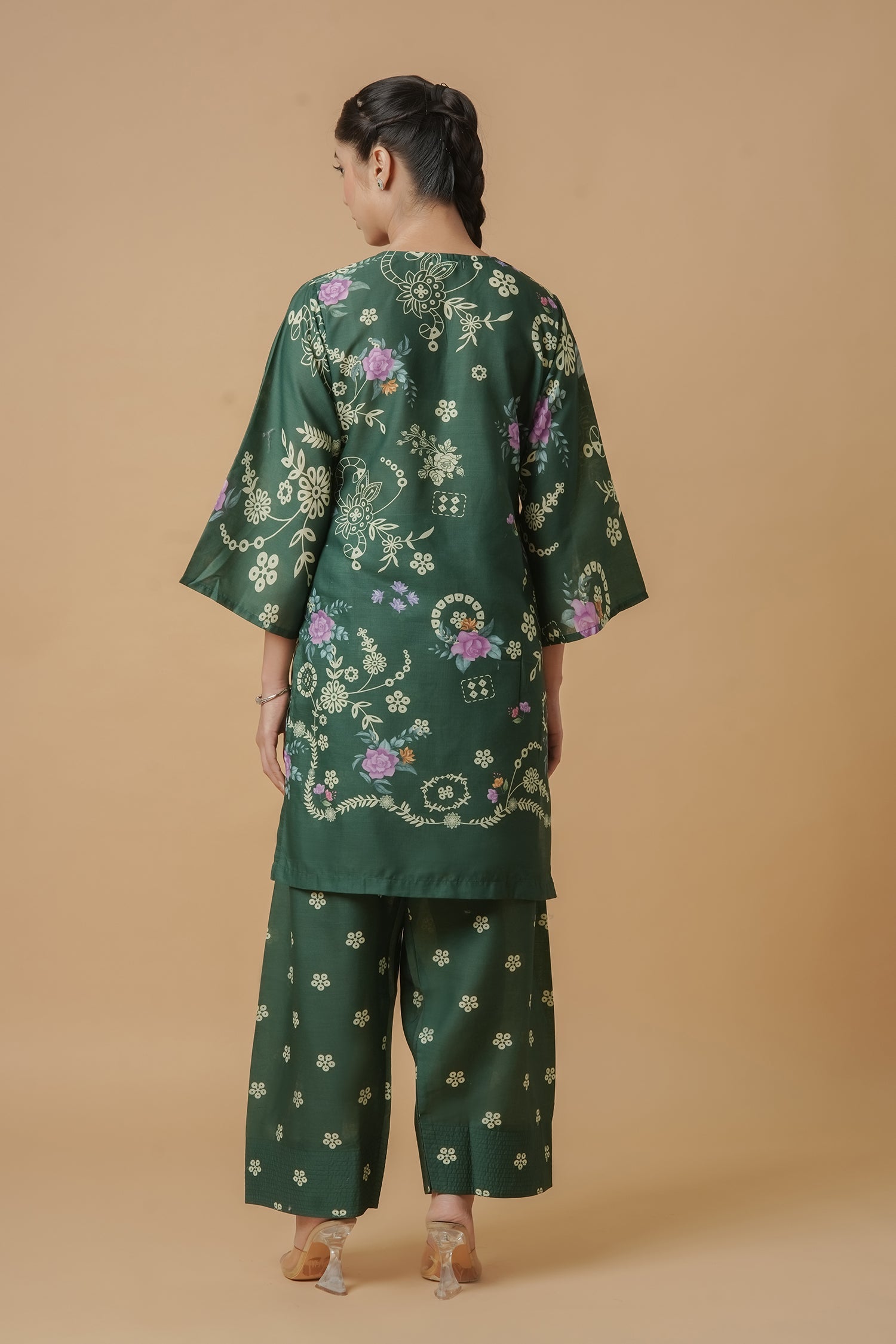 Lawn Cotton Printkari Co-ord Set – Bottle Green with Farsi Pant