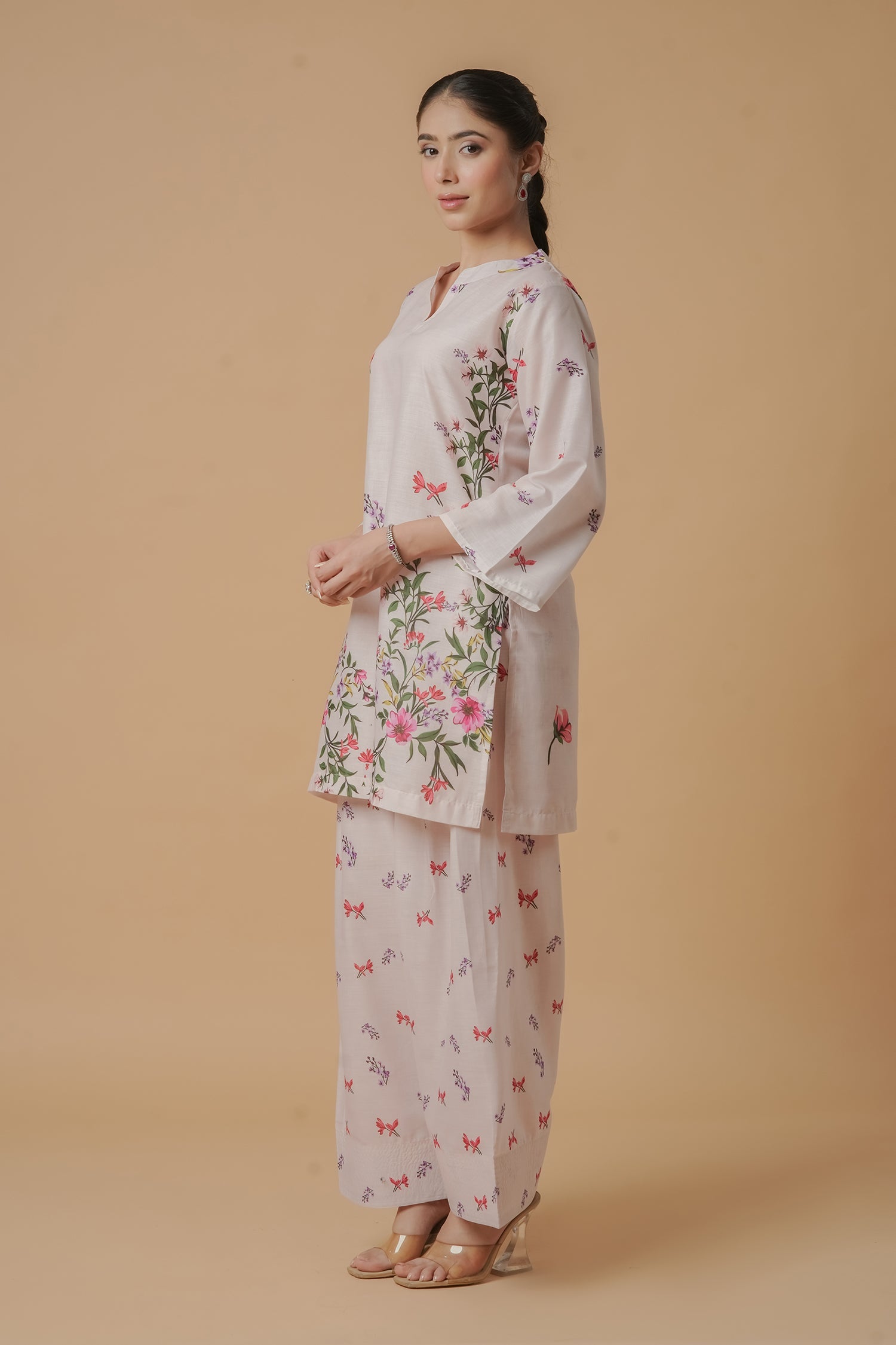 Lawn Cotton Printkari Co-ord Set - Off White with Floral with Farsi Pant