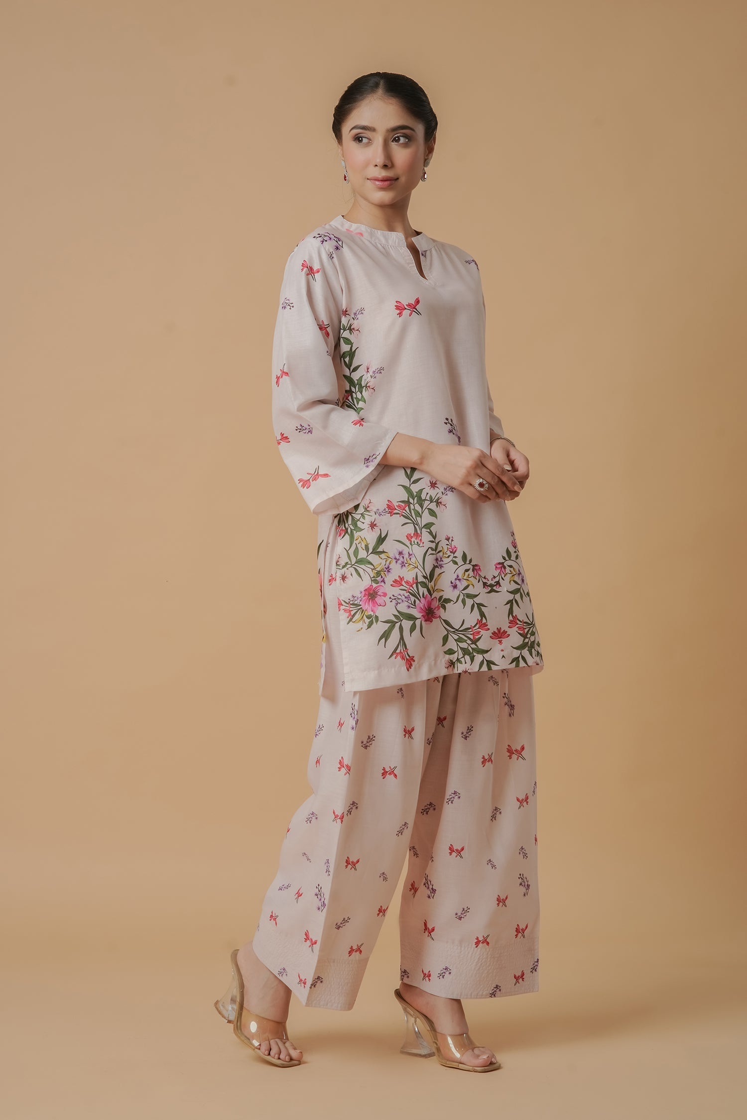 Lawn Cotton Printkari Co-ord Set - Off White with Floral with Farsi Pant