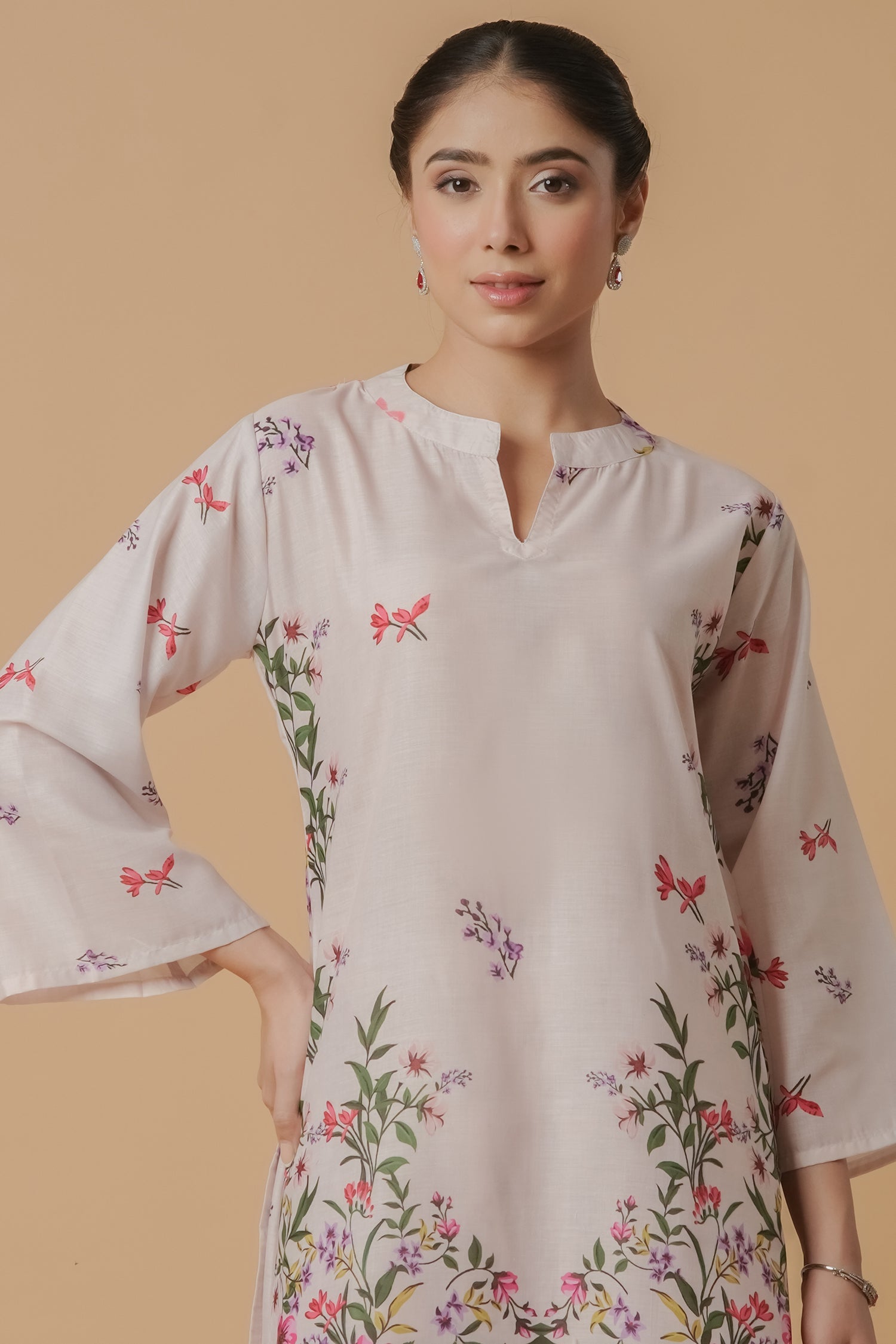 Lawn Cotton Printkari Co-ord Set - Off White with Floral with Farsi Pant
