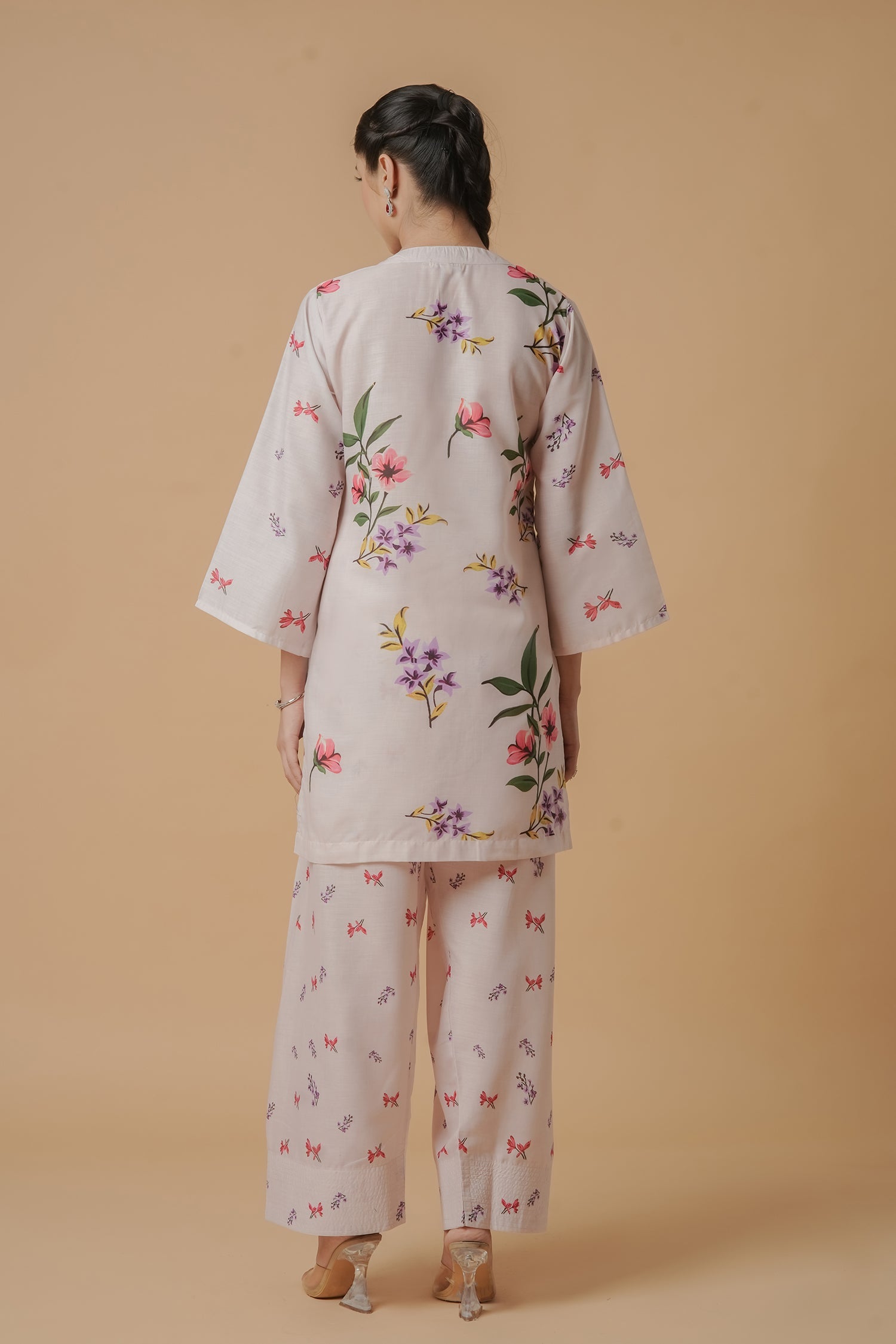 Lawn Cotton Printkari Co-ord Set - Off White with Floral with Farsi Pant