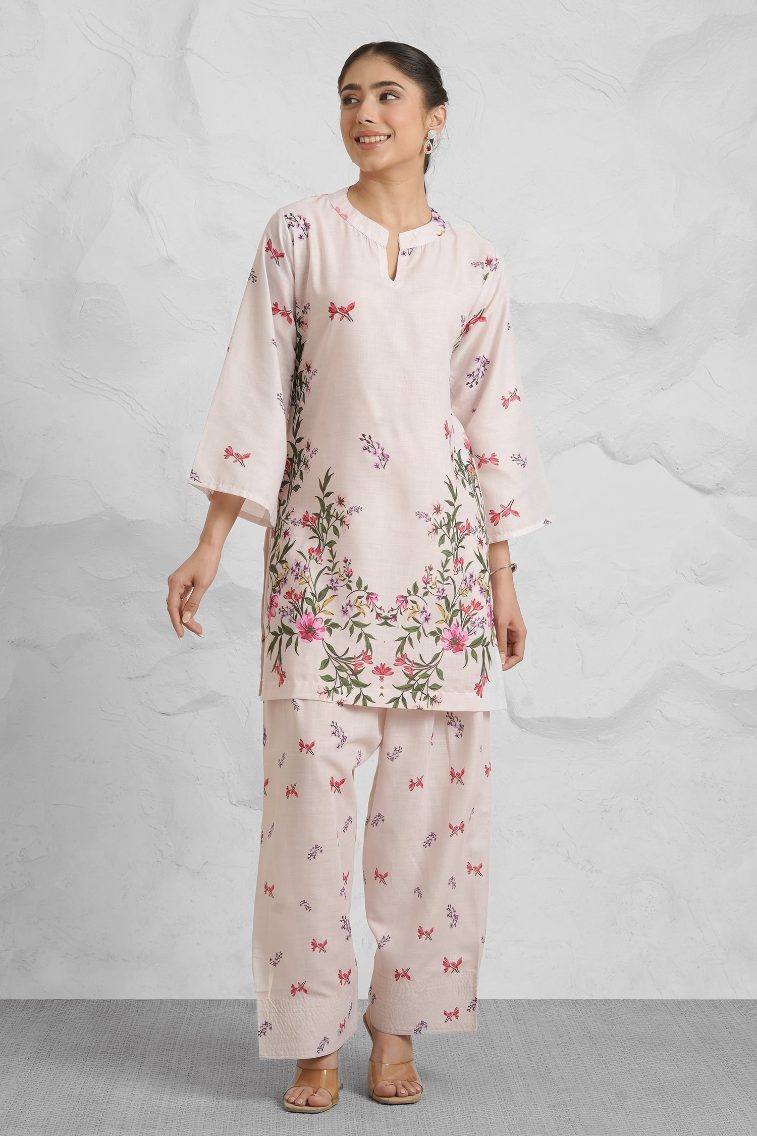 Lawn Cotton Printkari Co-ord Set - Off White with Floral with Farsi Pant
