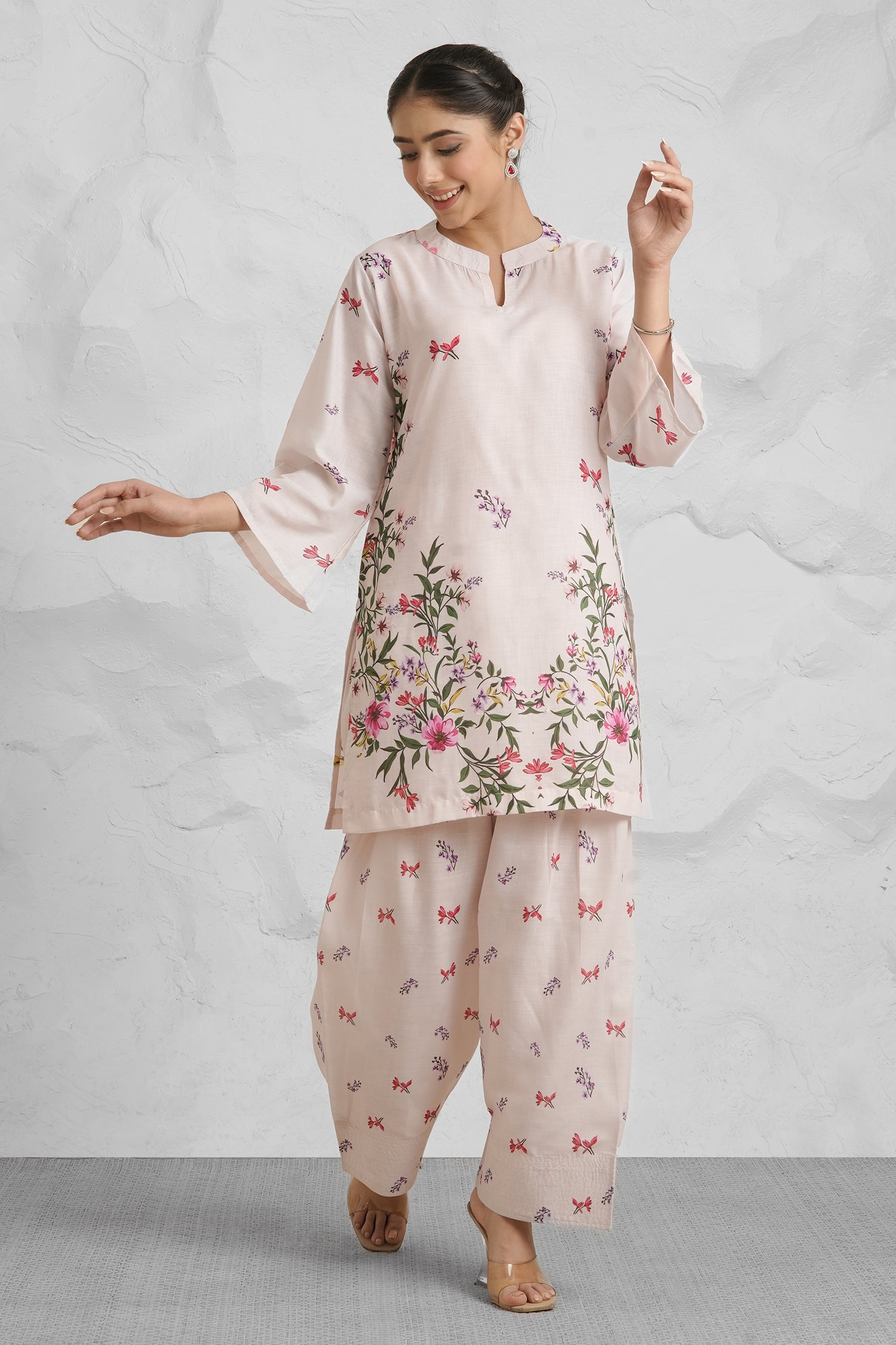 Lawn Cotton Printkari Co-ord Set - Off White with Floral with Farsi Pant
