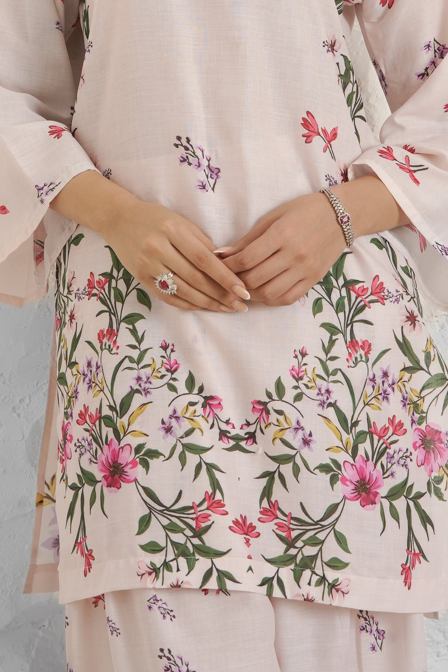 Lawn Cotton Printkari Co-ord Set - Off White with Floral with Farsi Pant