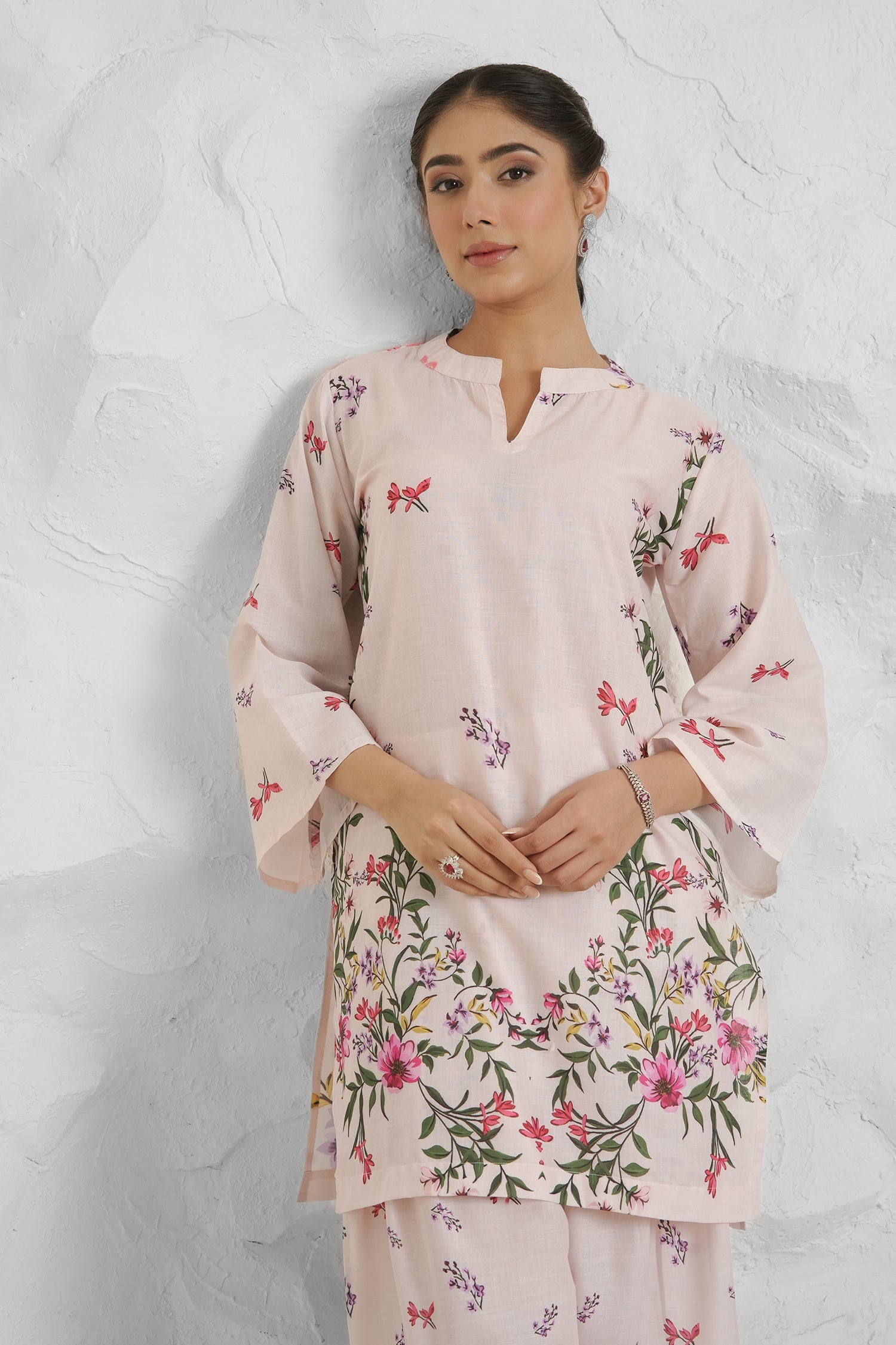 Lawn Cotton Printkari Co-ord Set - Off White with Floral with Farsi Pant