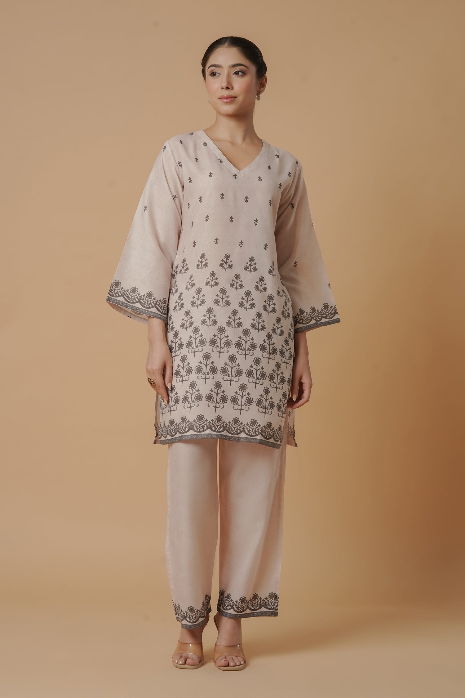 Lawn Cotton Printkari Co-ord Set - Beige with Black With Straight pant
