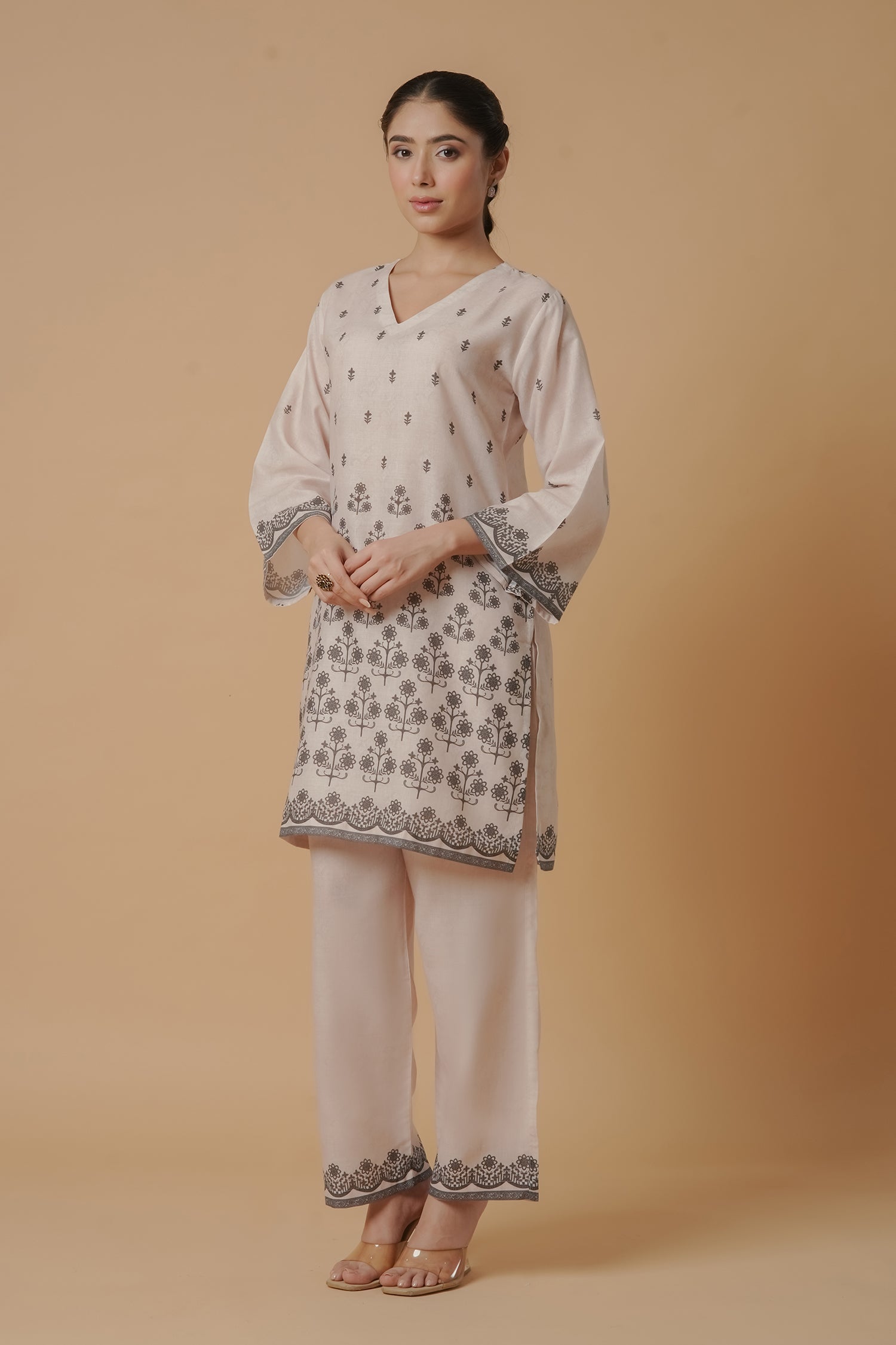Lawn Cotton Printkari Co-ord Set - Beige with Black With Straight pant